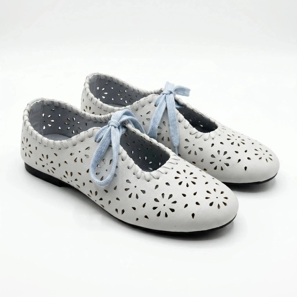 ZQW Lace-Up Cutout Floral Mary Janes in blue, pair 45-degree view – matching floral cutout lace-up flats, round toe, perfect for daily wear or office