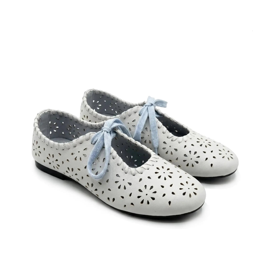 ZQW Lace-Up Cutout Floral Mary Janes in blue, pair 45-degree view – matching floral cutout lace-up flats, round toe, perfect for daily wear or office