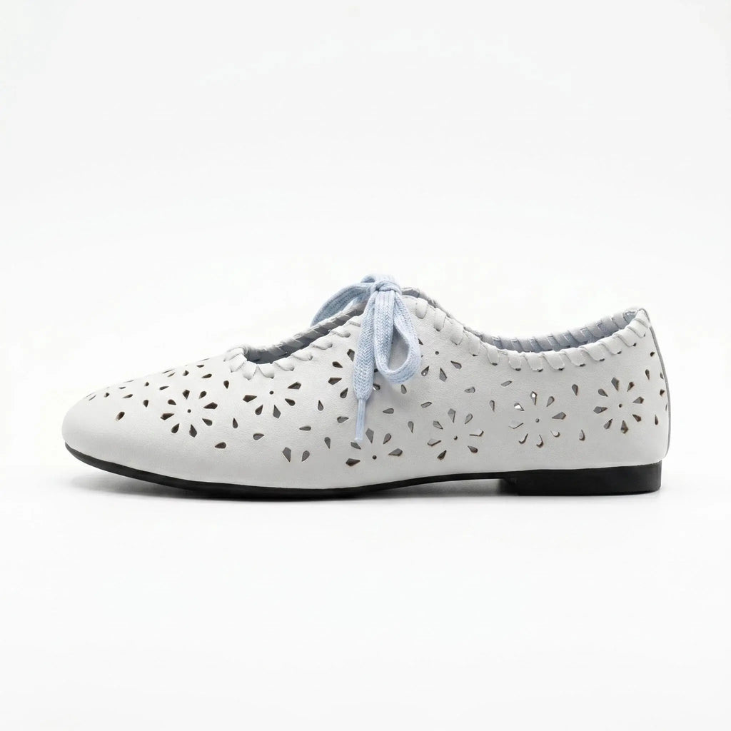 ZQW Lace-Up Cutout Floral Mary Janes in blue, side view – low 0.7cm heel, anti-slip rubber outsole, breathable fabric upper, adjustable lace-up style