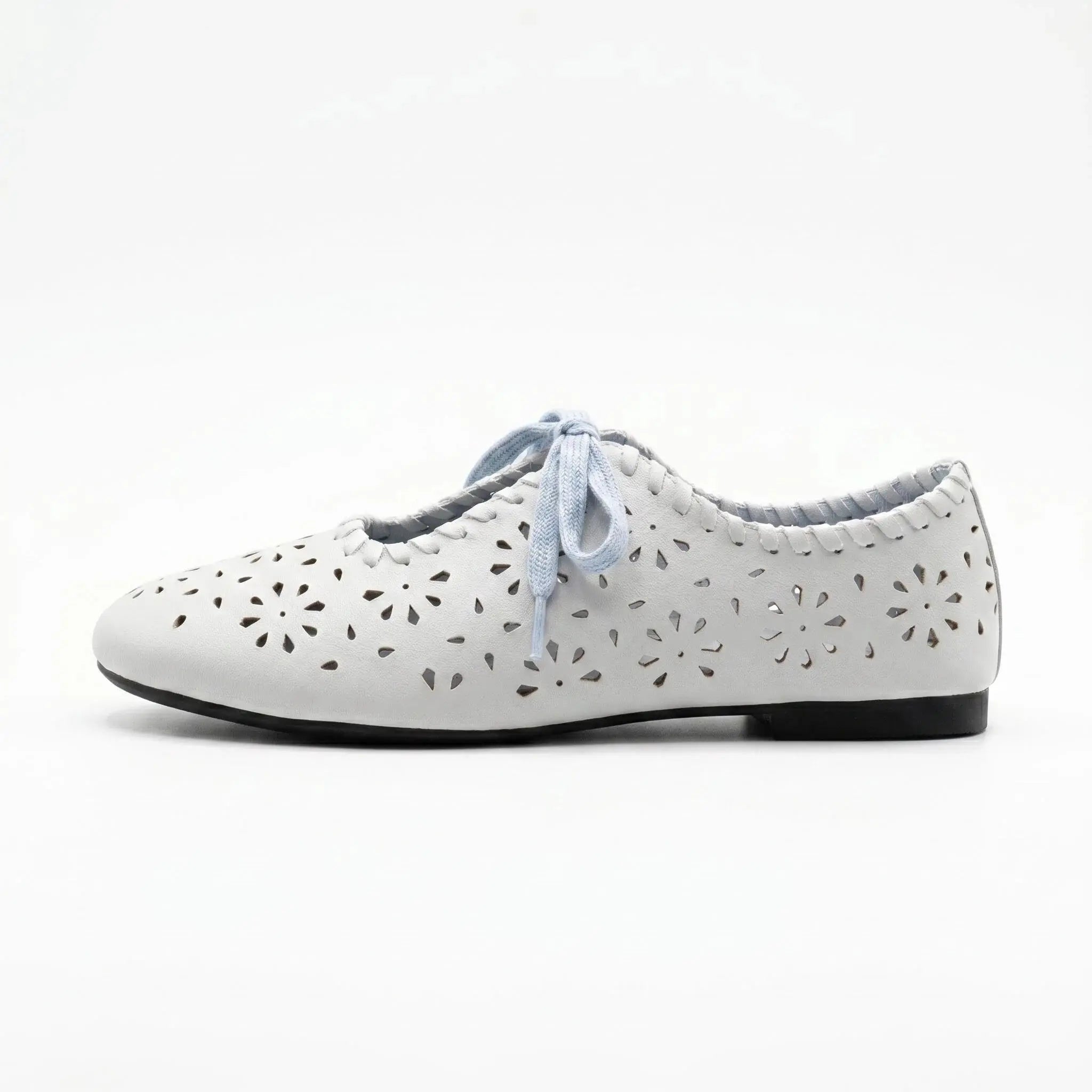 ZQW Lace-Up Cutout Floral Mary Janes in blue, side view – low 0.7cm heel, anti-slip rubber outsole, breathable fabric upper, adjustable lace-up style