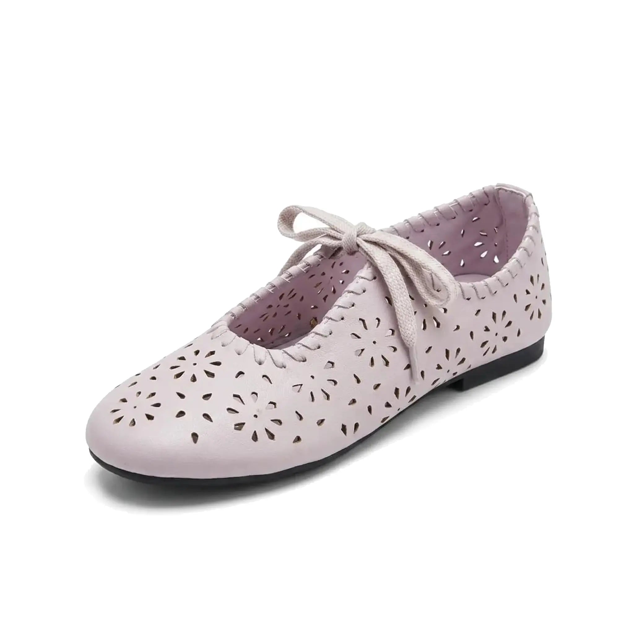 ZQW Lace-Up Cutout Floral Mary Janes in purple, 45-degree angle view – laser-cut flower pattern, lace-up front closure, round toe, breathable ballet flat