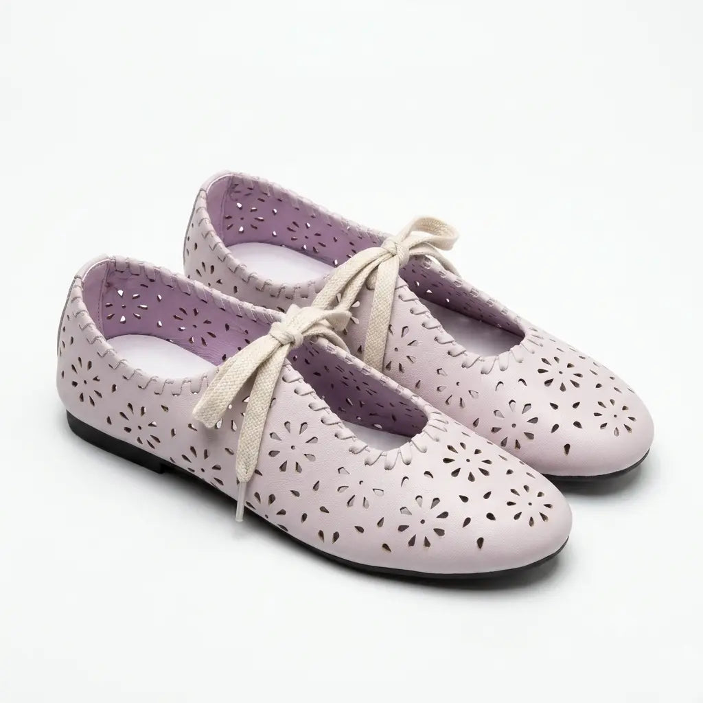 ZQW Lace-Up Cutout Floral Mary Janes in purple, pair 45-degree view – matching floral cutout lace-up flats, round toe, perfect for daily wear or office