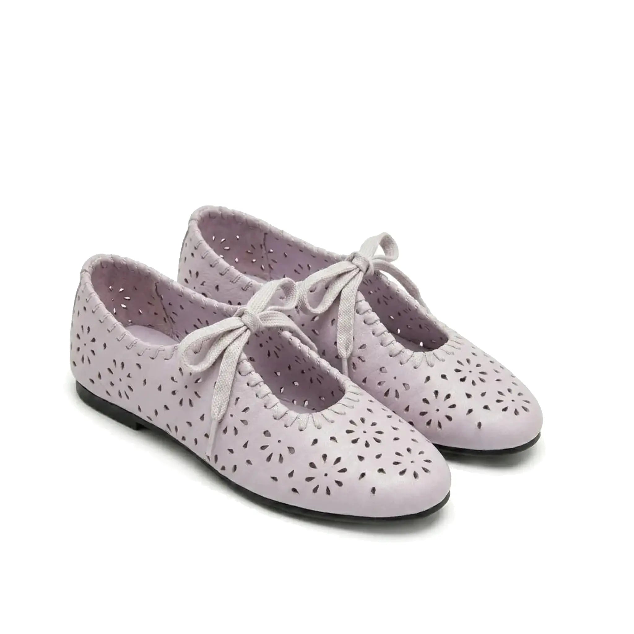 ZQW Lace-Up Cutout Floral Mary Janes in purple, pair 45-degree view – matching floral cutout lace-up flats, round toe, perfect for daily wear or office