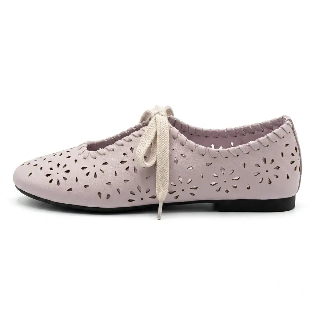 ZQW Lace-Up Cutout Floral Mary Janes in purple, side view – low 0.7cm heel, anti-slip rubber outsole, breathable fabric upper, adjustable lace-up style