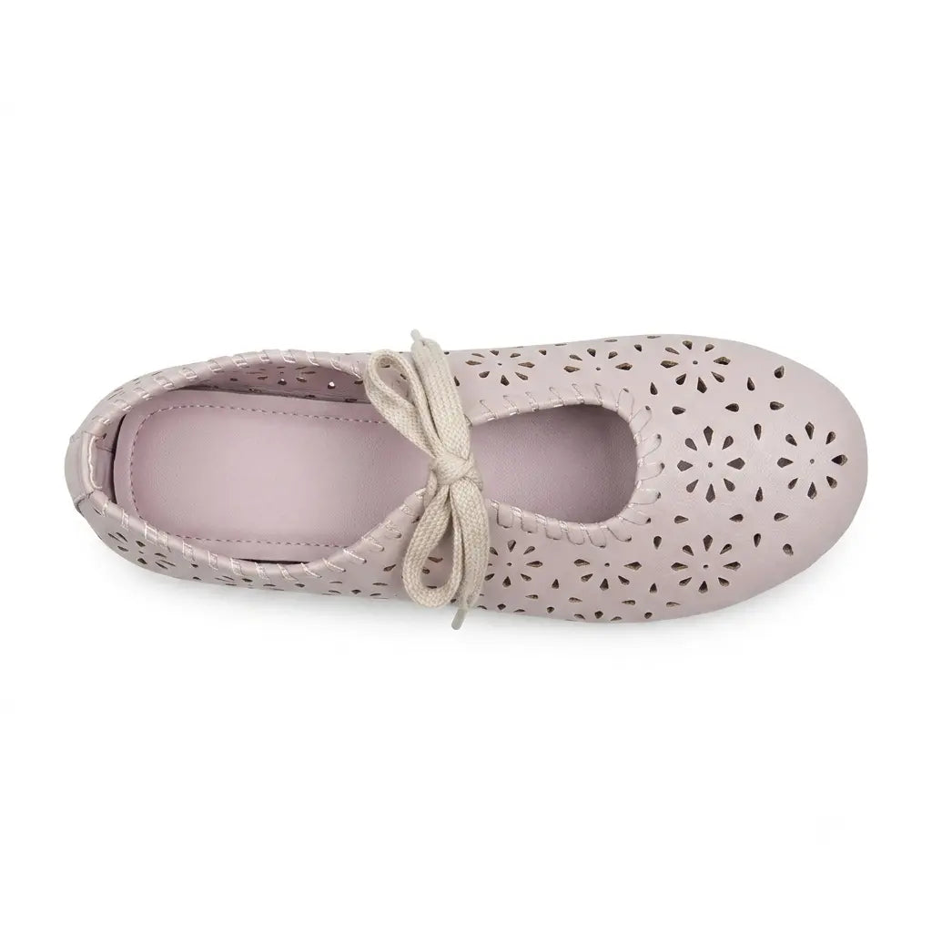 ZQW Lace-Up Cutout Floral Mary Janes in purple, top view – floral cutout detailing across upper, lace-up ribbon ties, round toe silhouette, cushioned insole