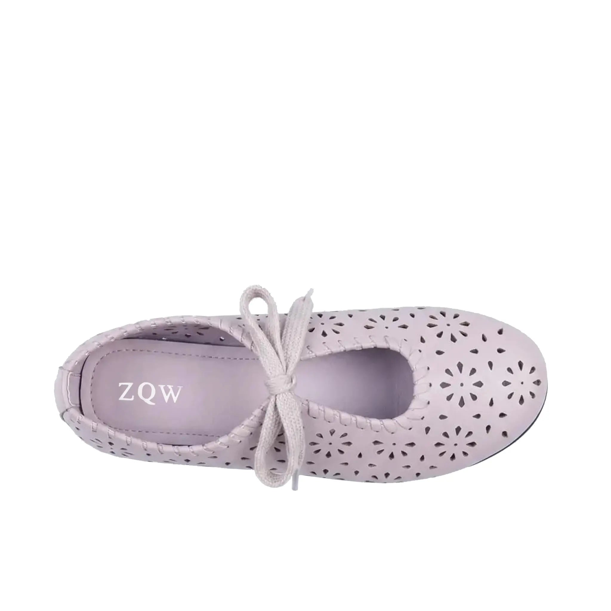 ZQW Lace-Up Cutout Floral Mary Janes in purple, top view – floral cutout detailing across upper, lace-up ribbon ties, round toe silhouette, cushioned insole