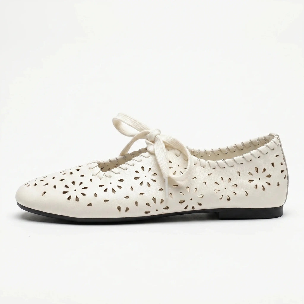 ZQW Lace-Up Cutout Floral Mary Janes in white, side view – low 0.7cm heel, anti-slip rubber outsole, breathable fabric upper, adjustable lace-up style
