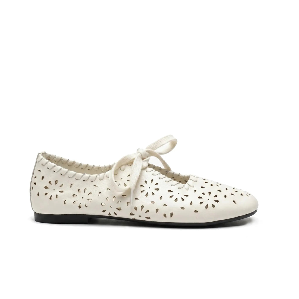 ZQW Lace-Up Cutout Floral Mary Janes in white, side view – low 0.7cm heel, anti-slip rubber outsole, breathable fabric upper, adjustable lace-up style