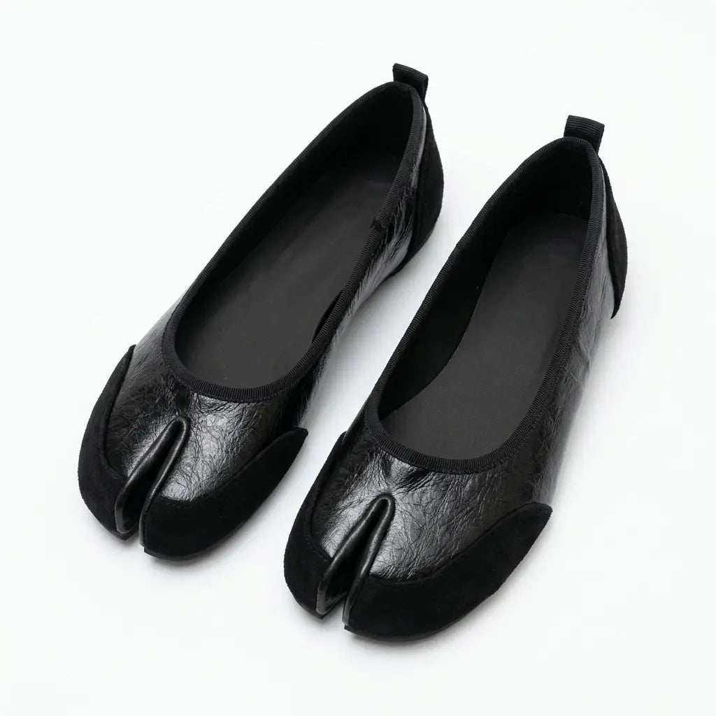 ZQW Mixed Media Tabi Flats in black, pair 45-degree view – matching leather and suede tabi flats, round toe, versatile for daily wear or office