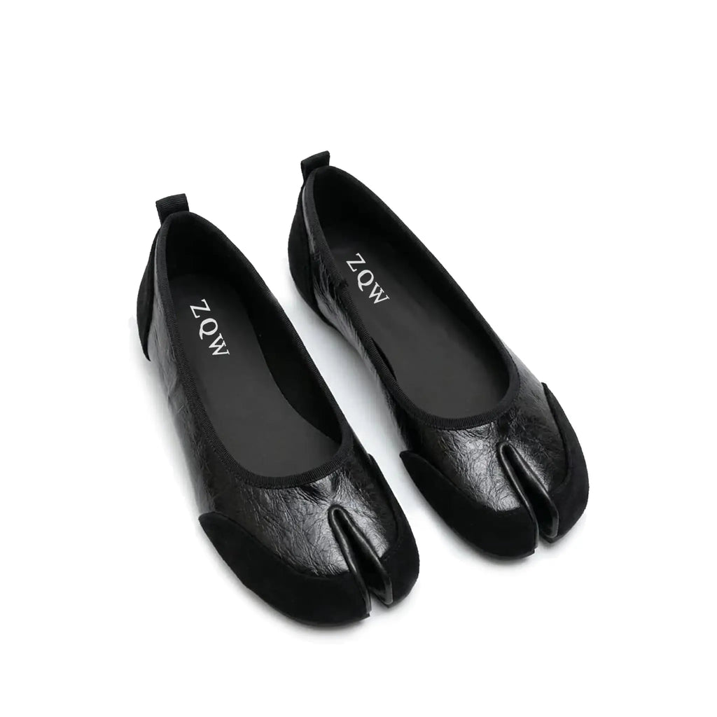 ZQW Mixed Media Tabi Flats in black, pair 45-degree view – matching leather and suede tabi flats, round toe, versatile for daily wear or office