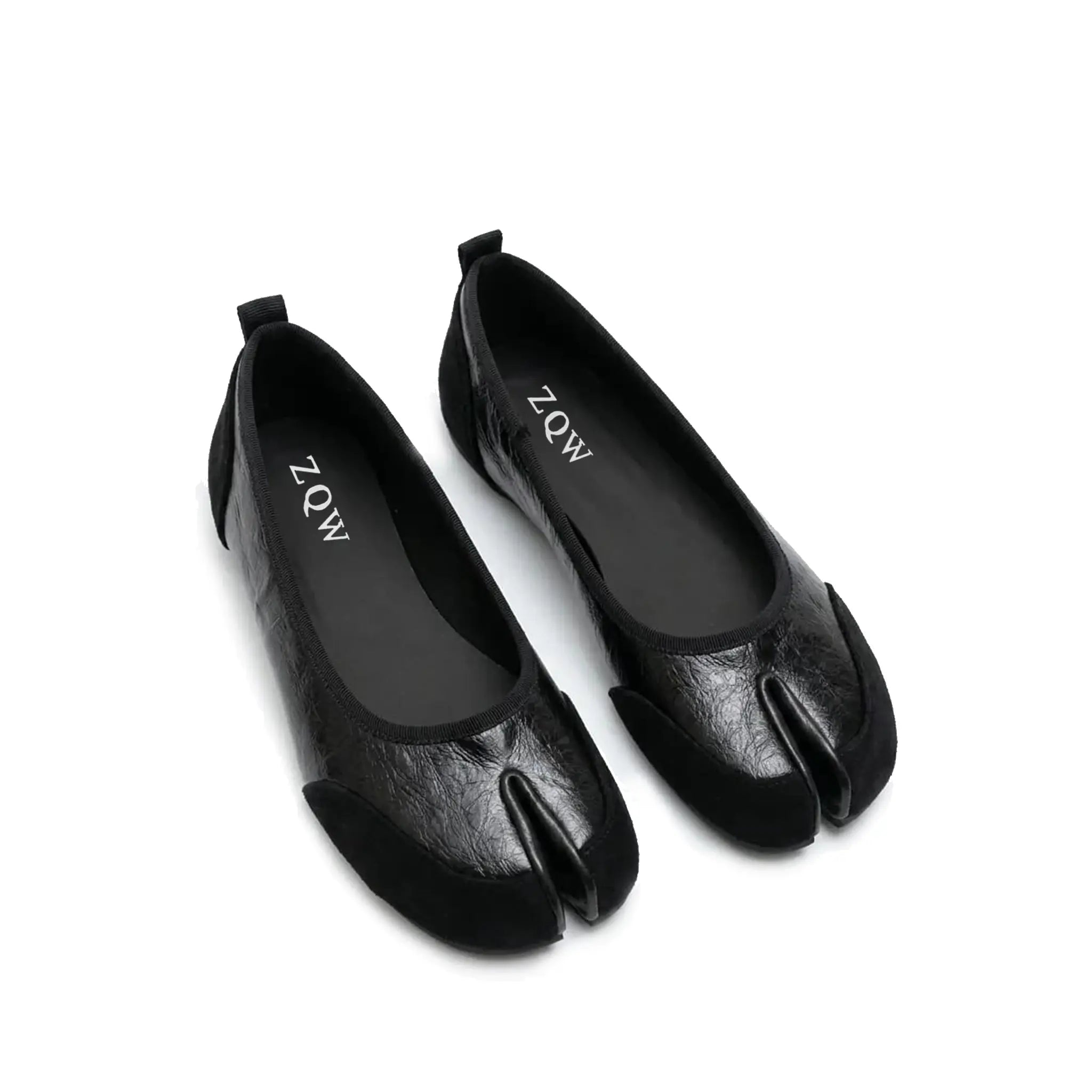 ZQW Mixed Media Tabi Flats in black, pair 45-degree view – matching leather and suede tabi flats, round toe, versatile for daily wear or office