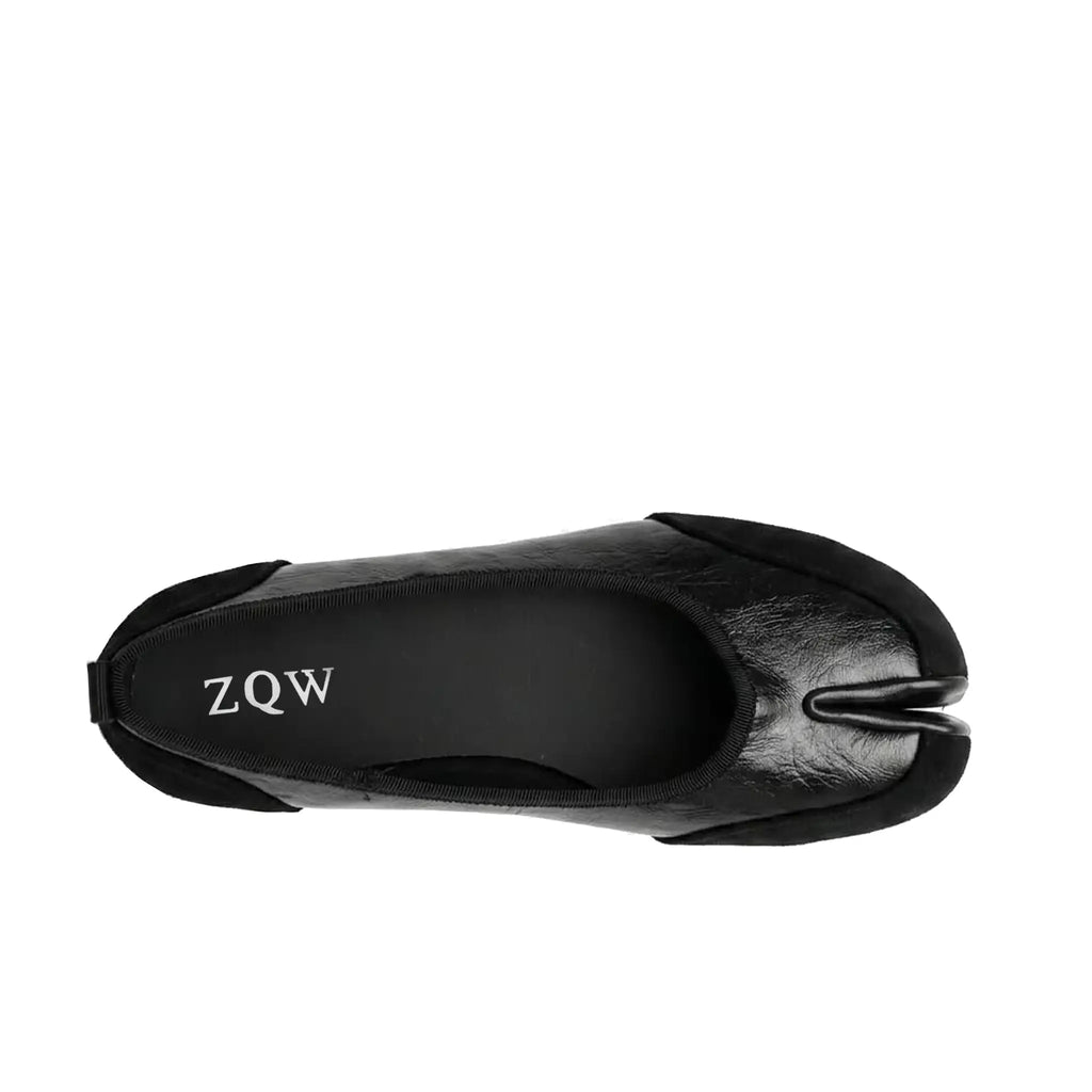 ZQW Mixed Media Tabi Flats in black, top view – smooth vegan leather and soft suede mixed texture, round toe, tabi split-toe silhouette, wide-foot friendly