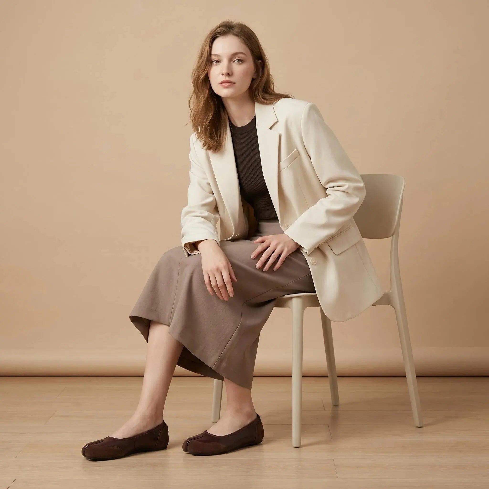 ZQW Mixed Media Tabi Flats in brown, model wearing – stylish mixed material tabi flats, vegan leather and suede combo, comfortable and breathable for everyday wear