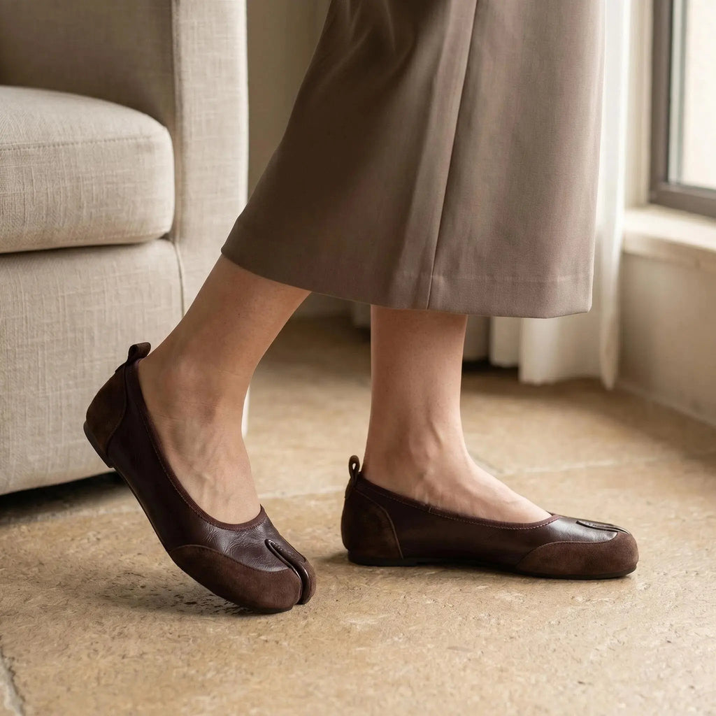 ZQW Mixed Media Tabi Flats in brown, worn on feet close-up – split-toe fit allows natural movement, mixed material texture, cushioned insole for all-day comfort