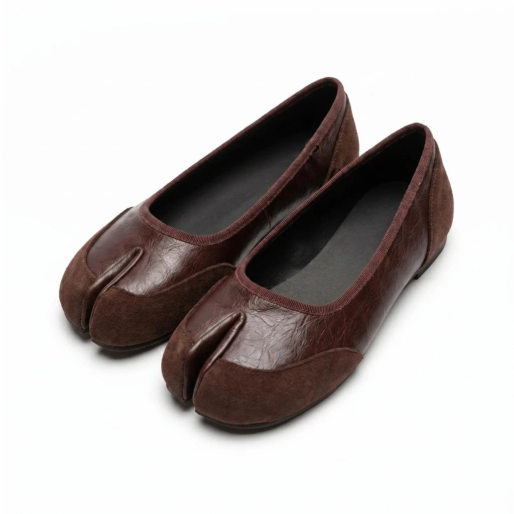 ZQW Mixed Media Tabi Flats in brown, pair 45-degree view – matching leather and suede tabi flats, round toe, versatile for daily wear or office