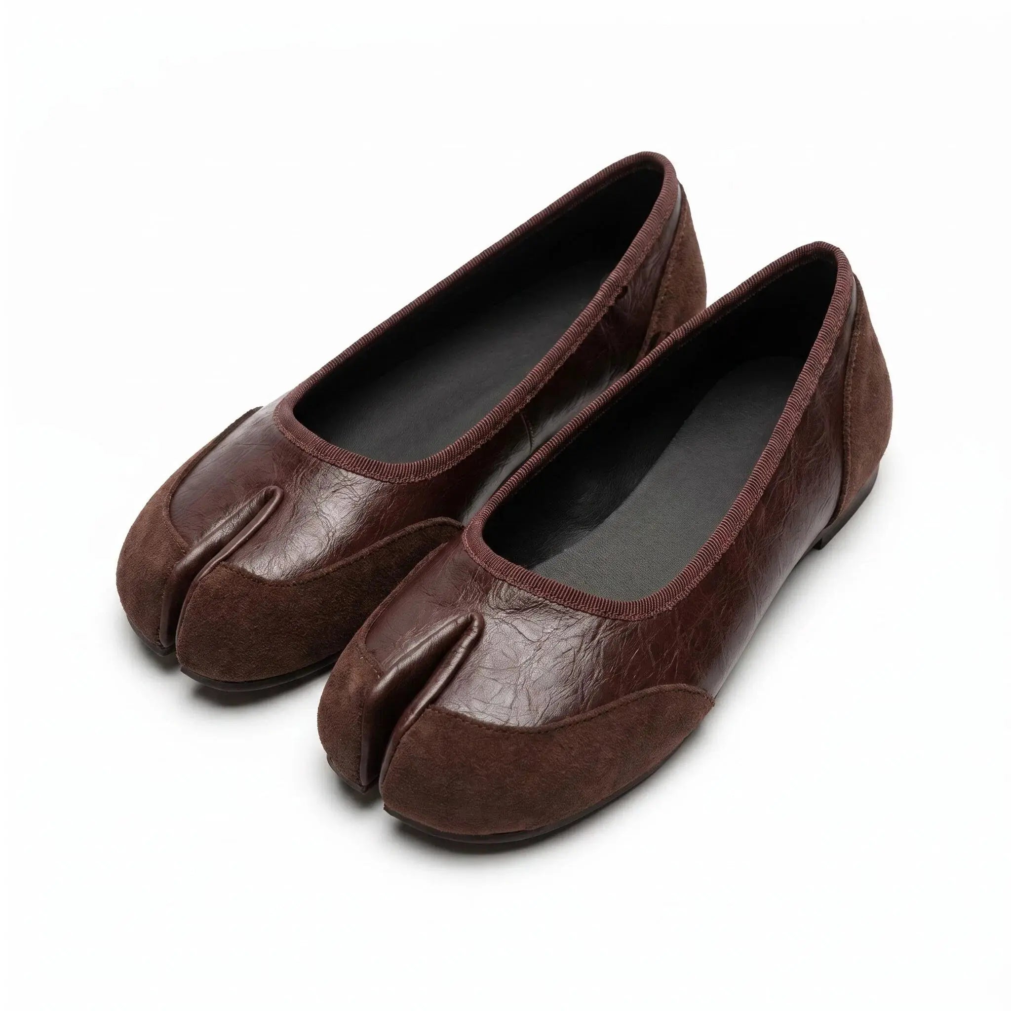 ZQW Mixed Media Tabi Flats in brown, pair 45-degree view – matching leather and suede tabi flats, round toe, versatile for daily wear or office