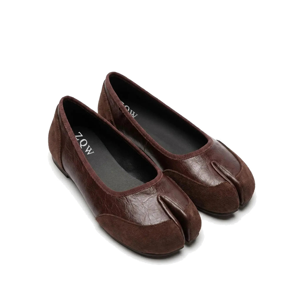 ZQW Mixed Media Tabi Flats in brown, pair 45-degree view – matching leather and suede tabi flats, round toe, versatile for daily wear or office