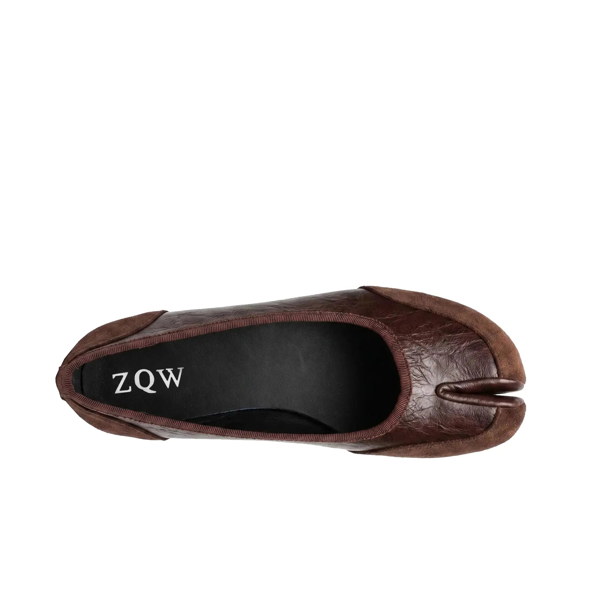 ZQW Mixed Media Tabi Flats in brown, top view – smooth vegan leather and soft suede mixed texture, round toe, tabi split-toe silhouette, wide-foot friendly