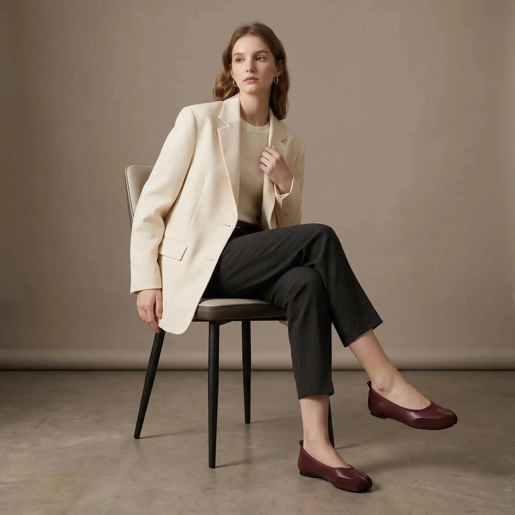 ZQW Mixed Media Tabi Flats in burgundy, model wearing – stylish mixed material tabi flats in rich burgundy, vegan leather and suede combo, comfortable and breathable for everyday wear