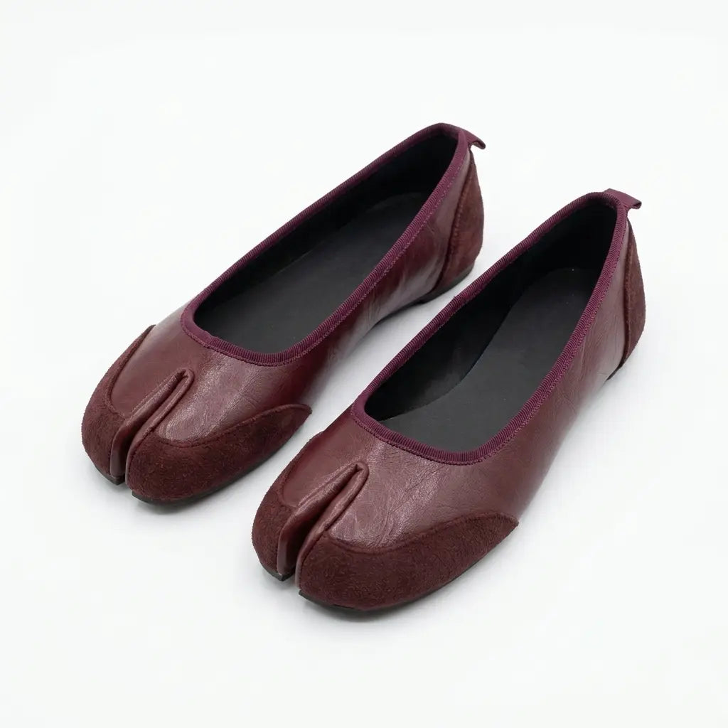 ZQW Mixed Media Tabi Flats in burgundy, pair 45-degree view – matching leather and suede tabi flats, round toe, versatile for daily wear or office
