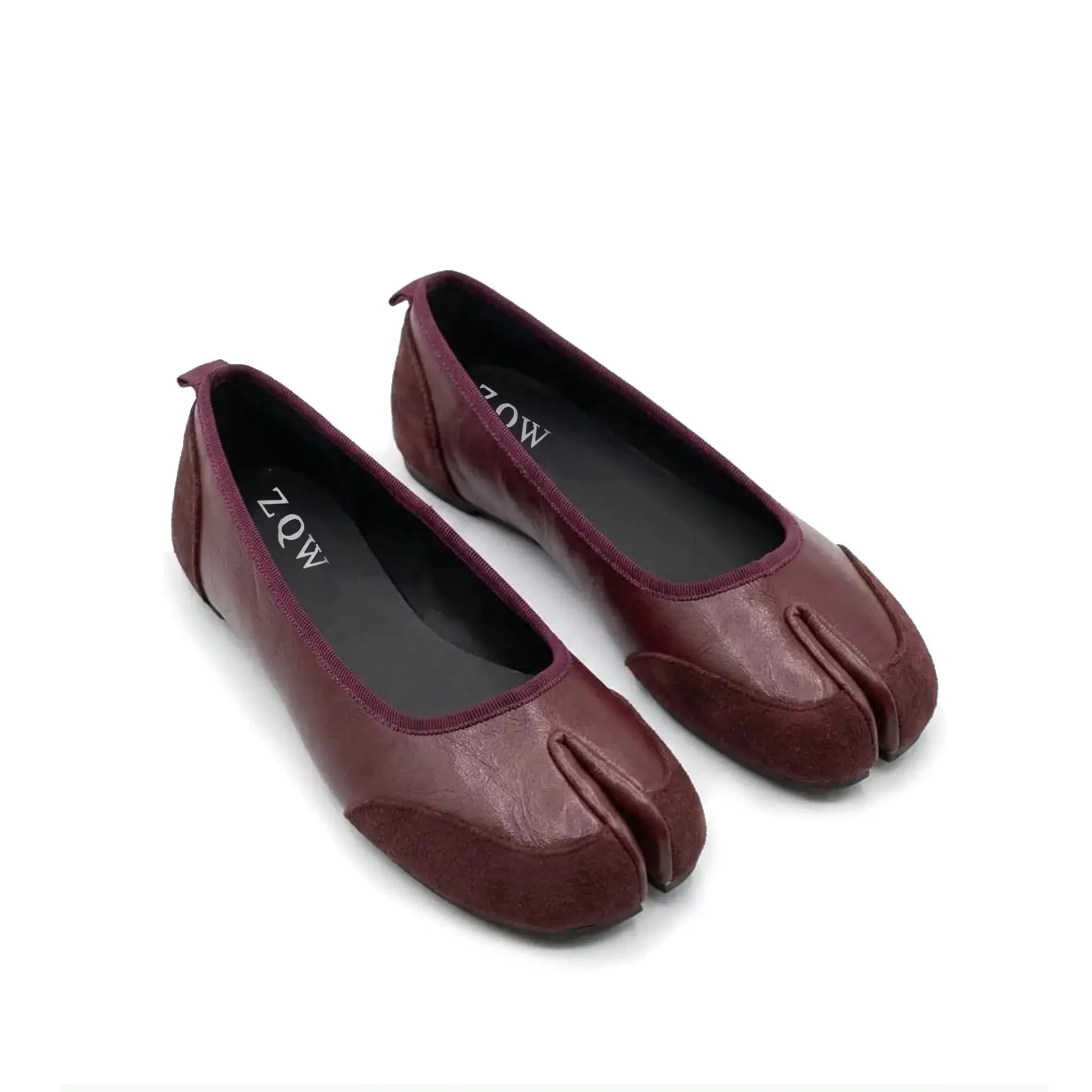 ZQW Mixed Media Tabi Flats in burgundy, pair 45-degree view – matching leather and suede tabi flats, round toe, versatile for daily wear or office
