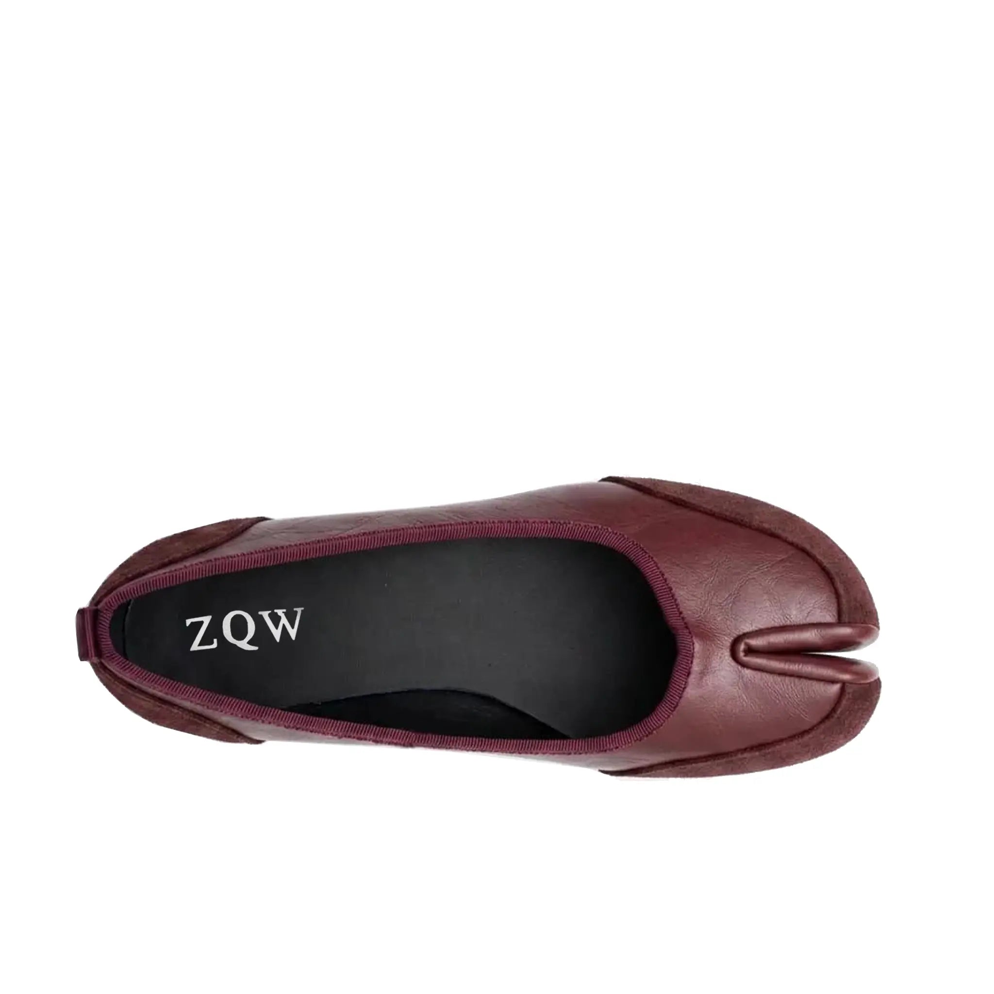 ZQW Mixed Media Tabi Flats in burgundy, top view – smooth vegan leather and soft suede mixed texture, round toe, tabi split-toe silhouette, wide-foot friendly