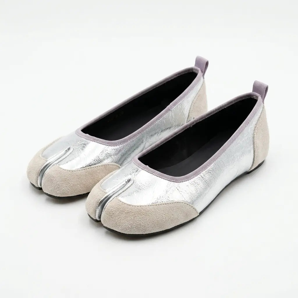 ZQW Mixed Media Tabi Flats in silver, pair 45-degree view – matching metallic leather and suede tabi flats, round toe, versatile for daily wear or office