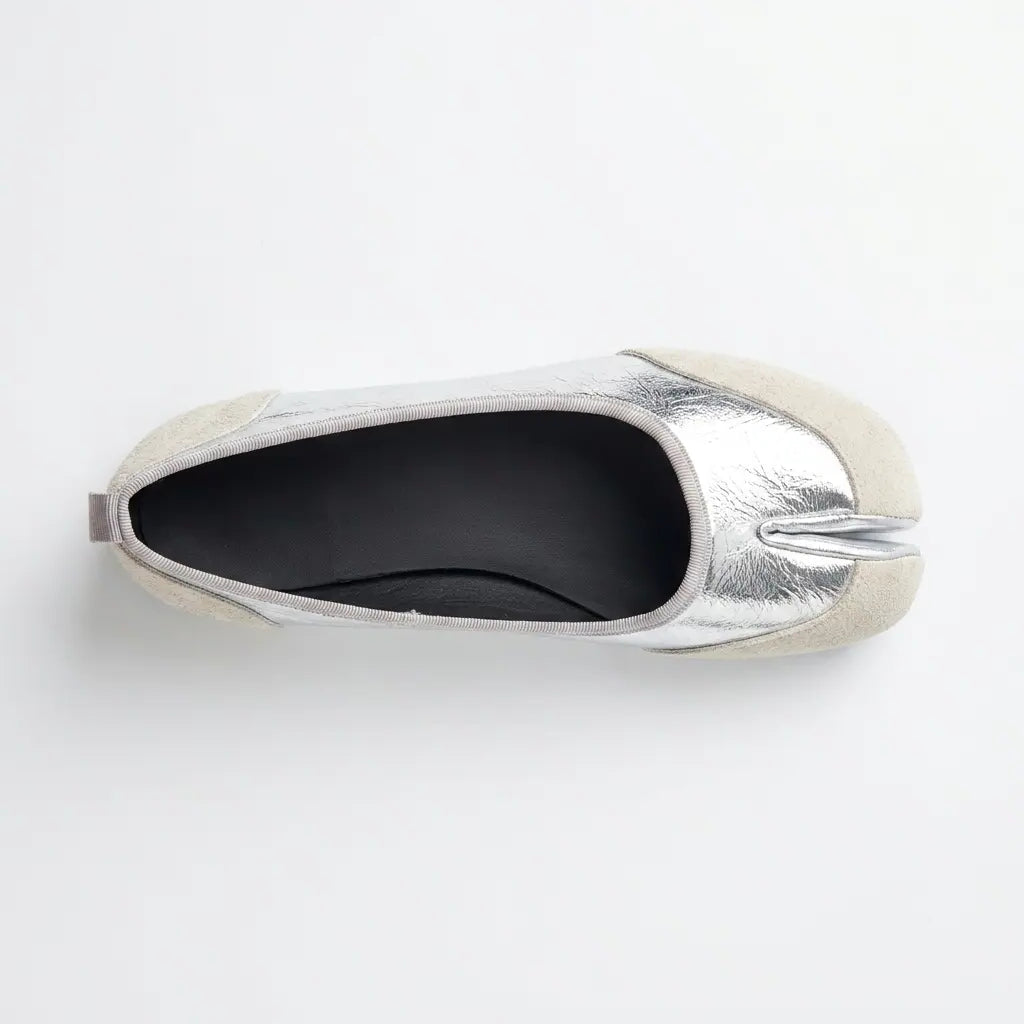 ZQW Mixed Media Tabi Flats in silver, top view – smooth vegan leather and soft suede mixed texture, round toe, tabi split-toe silhouette, wide-foot friendly