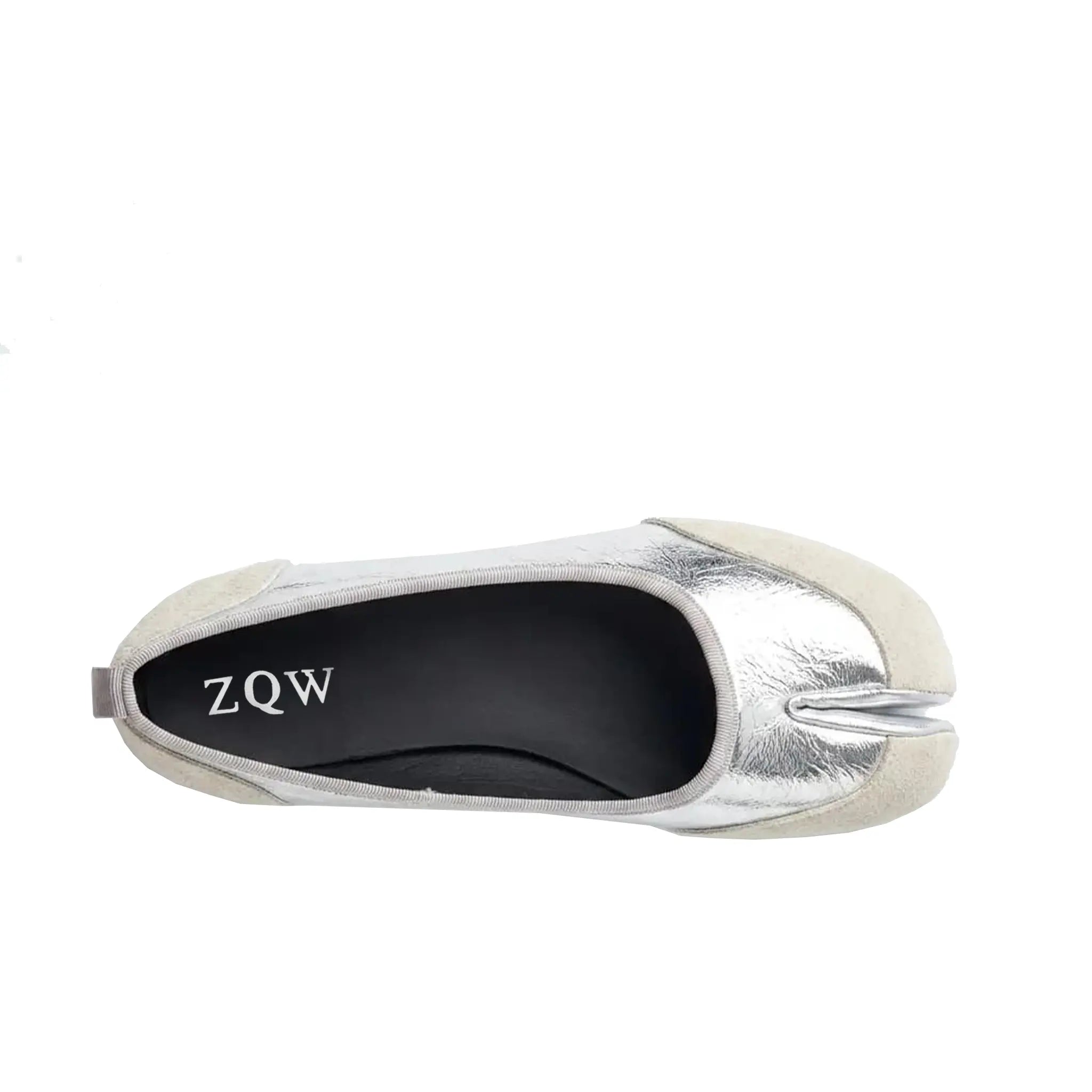 ZQW Mixed Media Tabi Flats in silver, top view – smooth vegan leather and soft suede mixed texture, round toe, tabi split-toe silhouette, wide-foot friendly