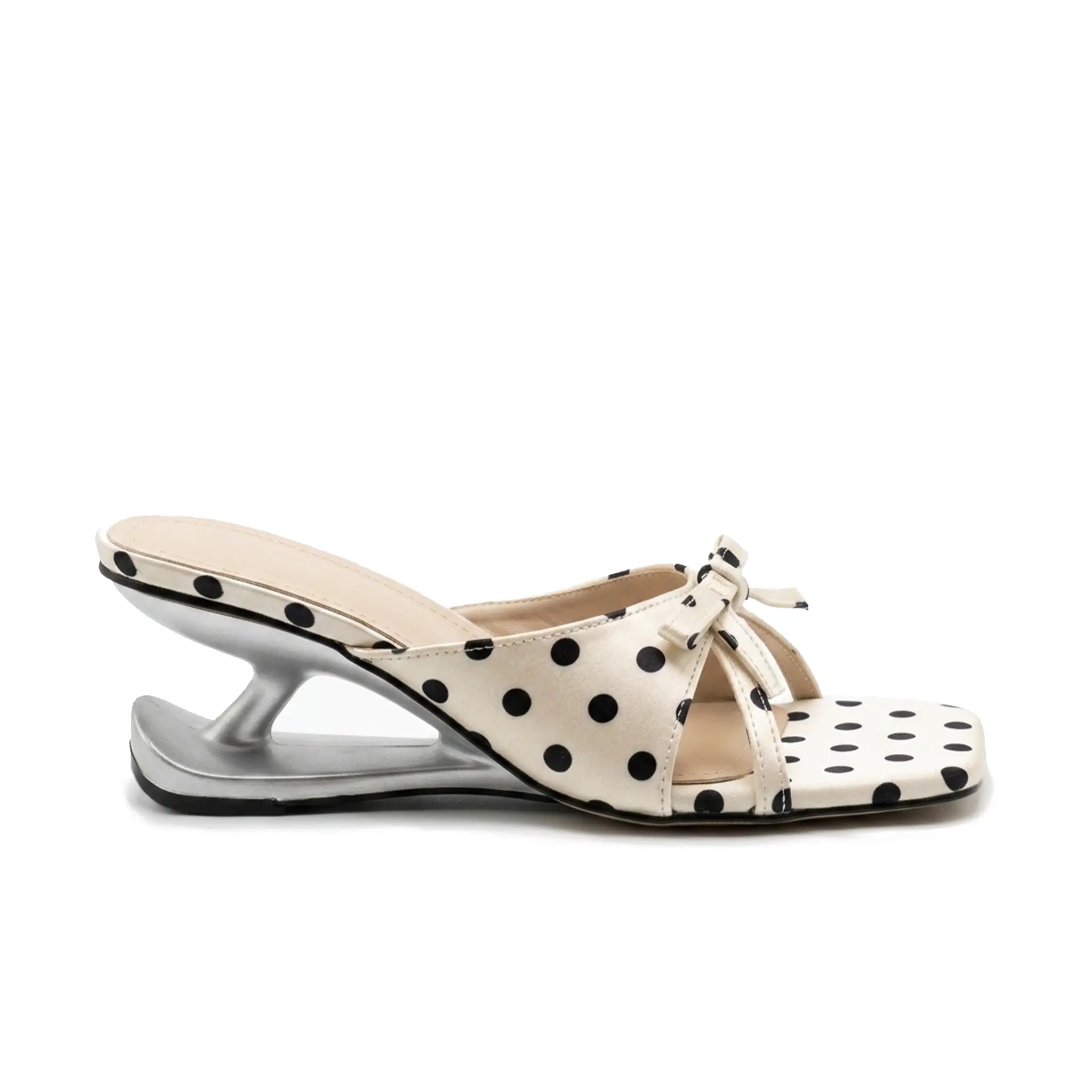 ZQW Polka Dot Sculptural Sandals, side view – sculptural 6cm mid heel, anti-slip rubber outsole, satin polka dot upper, easy slip-on mule