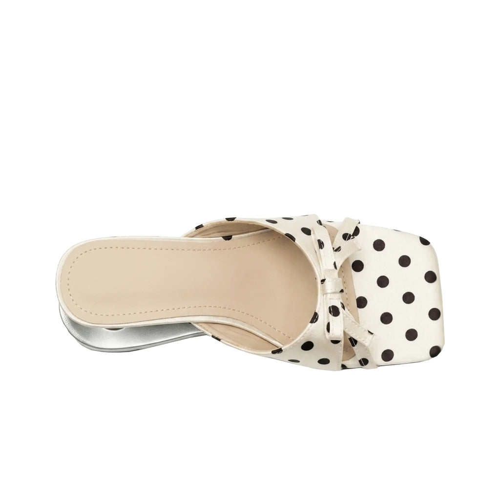 ZQW Polka Dot Sculptural Sandals, top view – polka dot satin with bow detail, open square toe silhouette, soft vegan leather footbed, wide-foot friendly