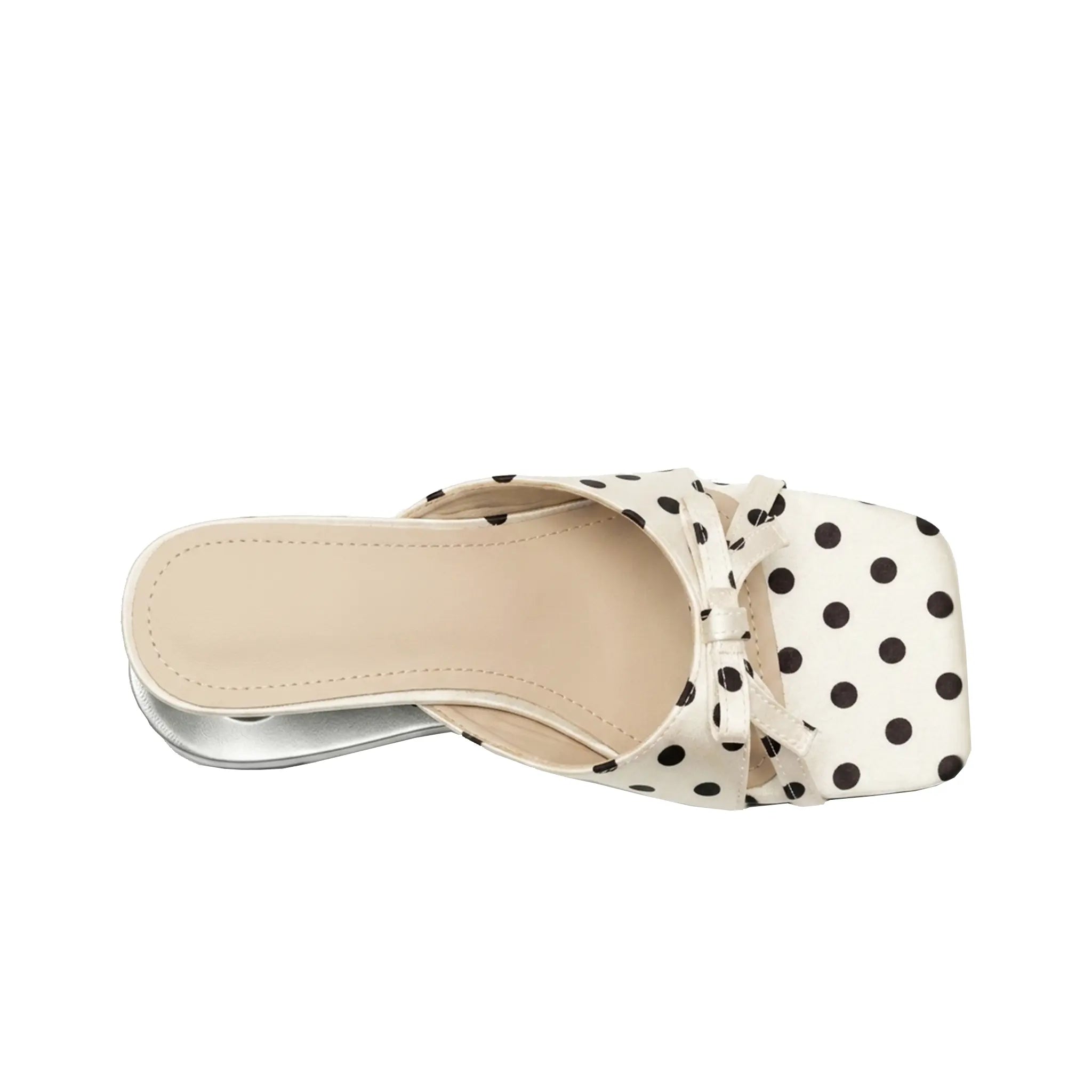 ZQW Polka Dot Sculptural Sandals, top view – polka dot satin with bow detail, open square toe silhouette, soft vegan leather footbed, wide-foot friendly
