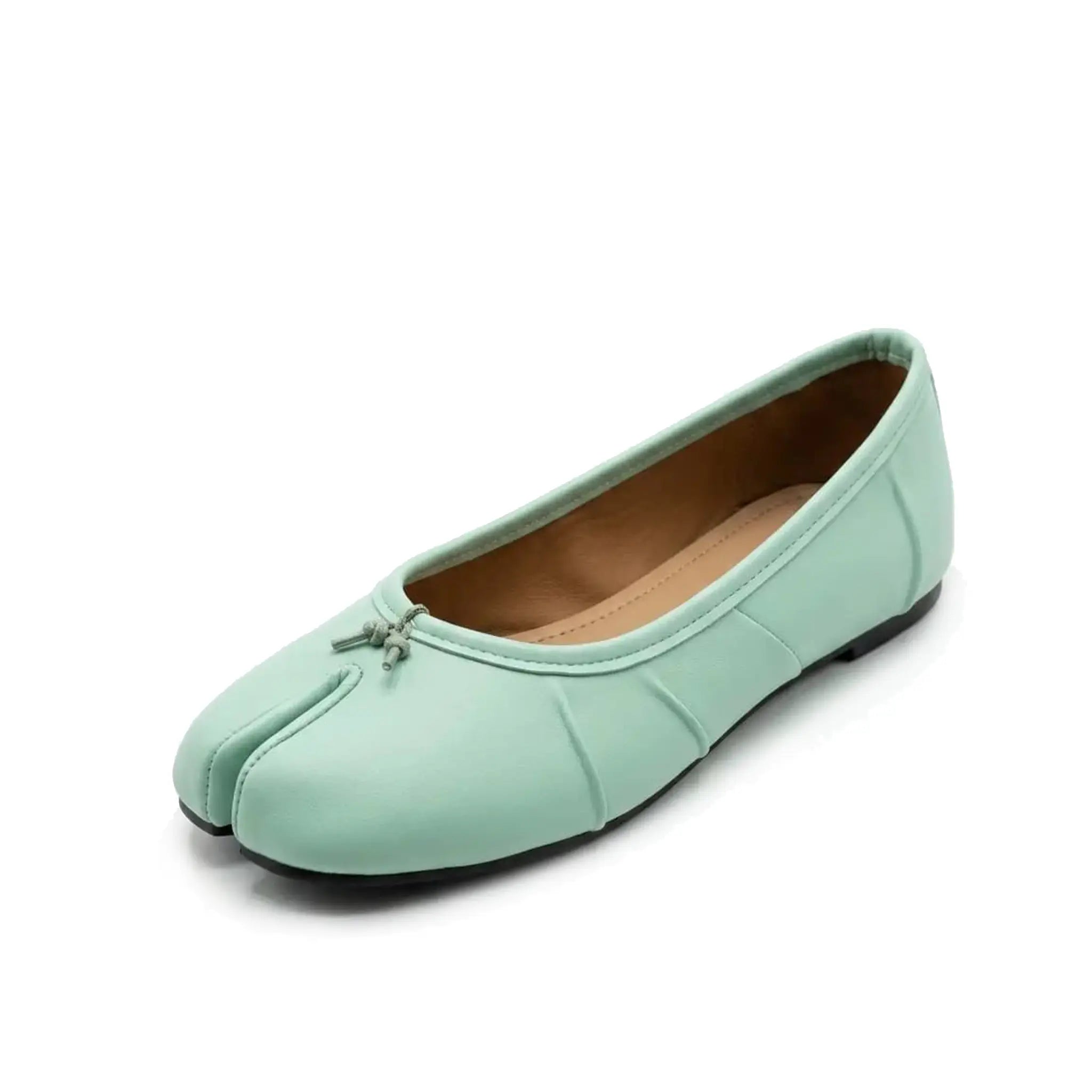 ZQW Ruched Tabi Ballet Flats in aqua, 45-degree angle view – ruched vegan leather upper, split-toe design, low 0.7cm heel, easy slip-on