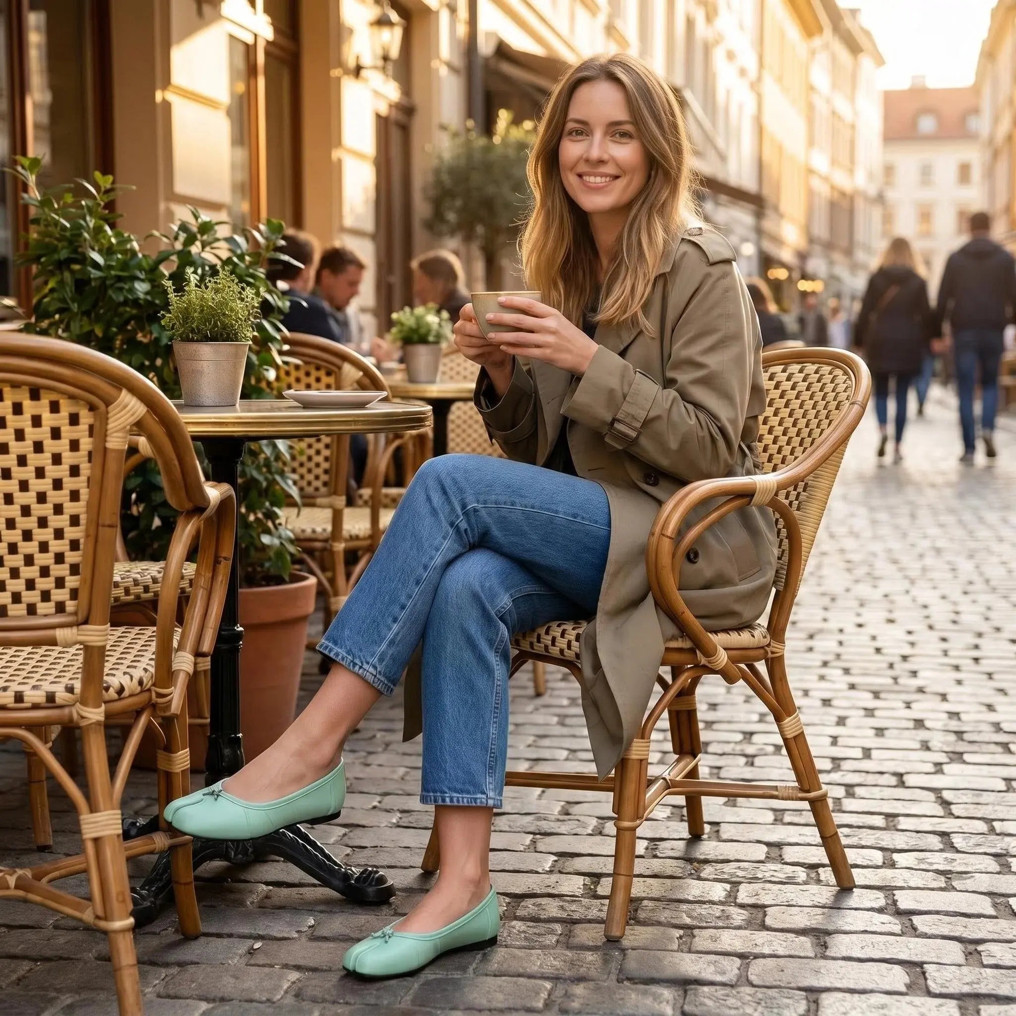 ZQW Ruched Tabi Ballet Flats in aqua, model wearing – refreshing aqua ruched flats with tabi design, comfortable and stylish for everyday wear