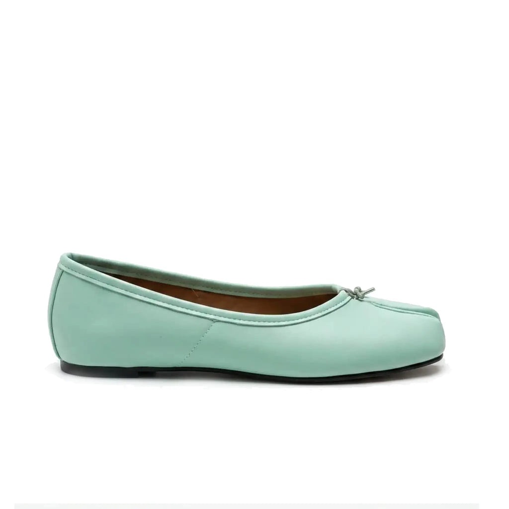 ZQW Ruched Tabi Ballet Flats in aqua, side view – low 0.28-inch heel, anti-slip rubber outsole, slip-on style with ruched trim, wide-foot friendly