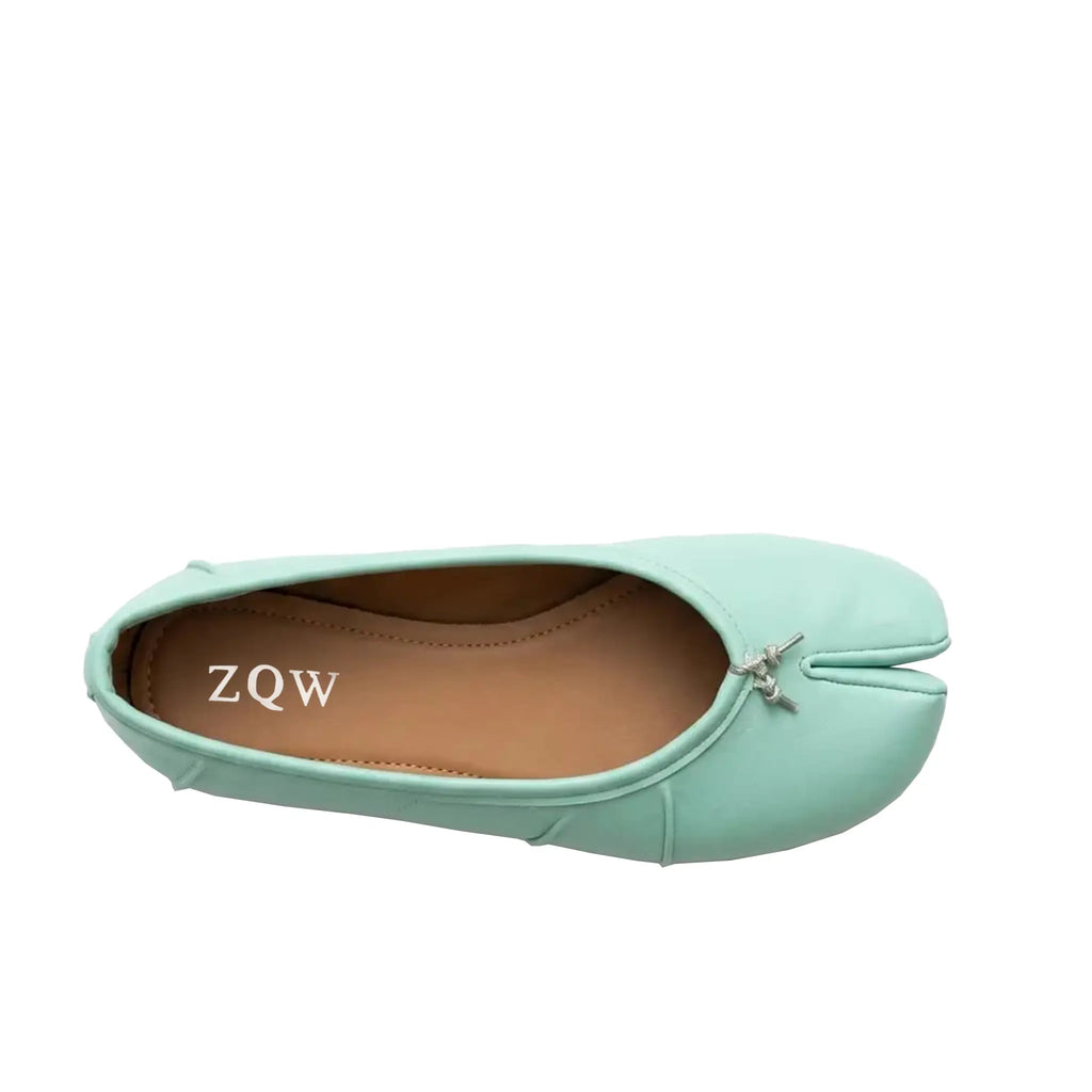 ZQW Ruched Tabi Ballet Flats in aqua, top view – gathered ruched detail around toe, round split-toe silhouette, soft vegan leather, cushioned insole