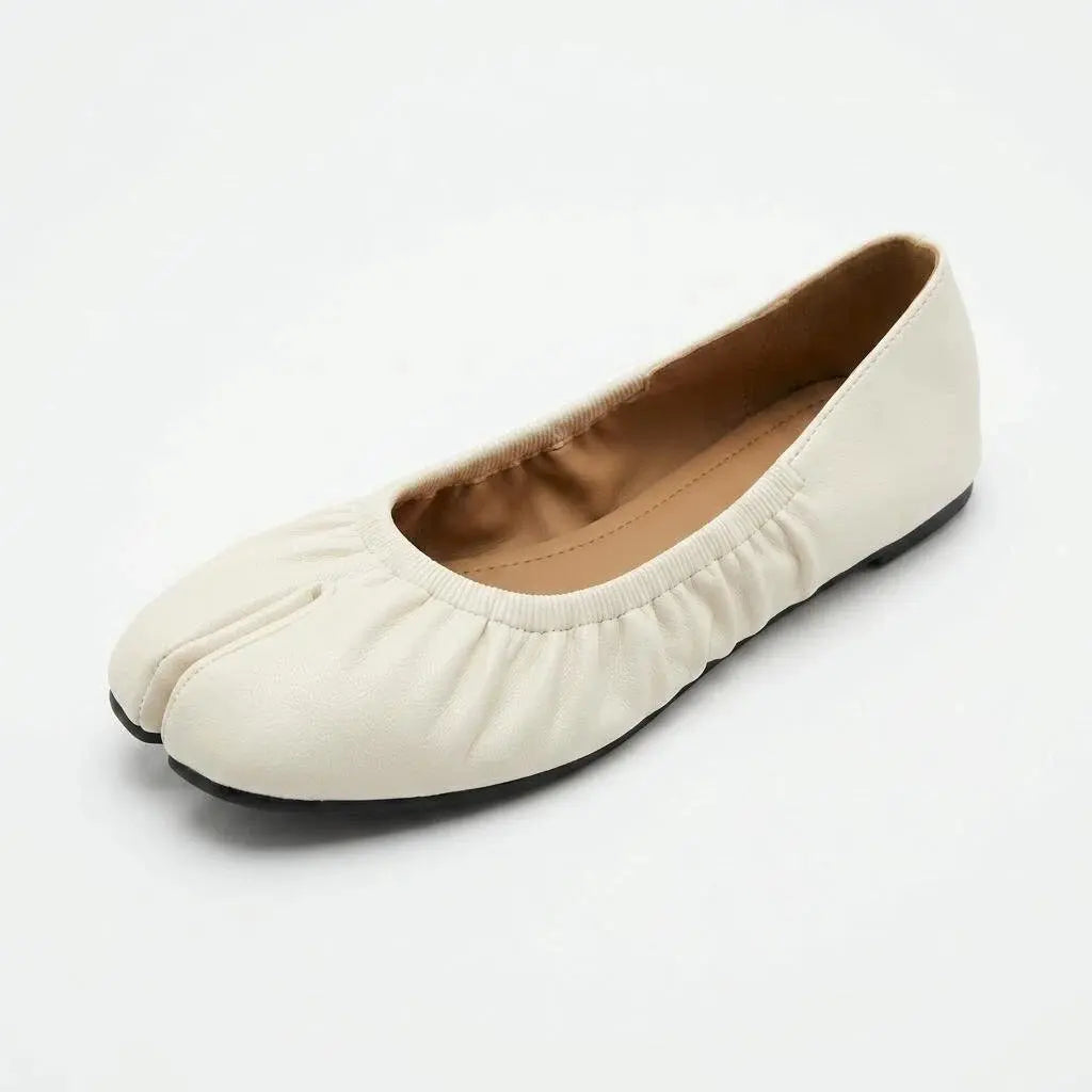 ZQW Ruched Tabi Ballet Flats in beige, 45-degree angle view – ruched vegan leather upper, split-toe design, low 0.7cm heel, easy slip-on