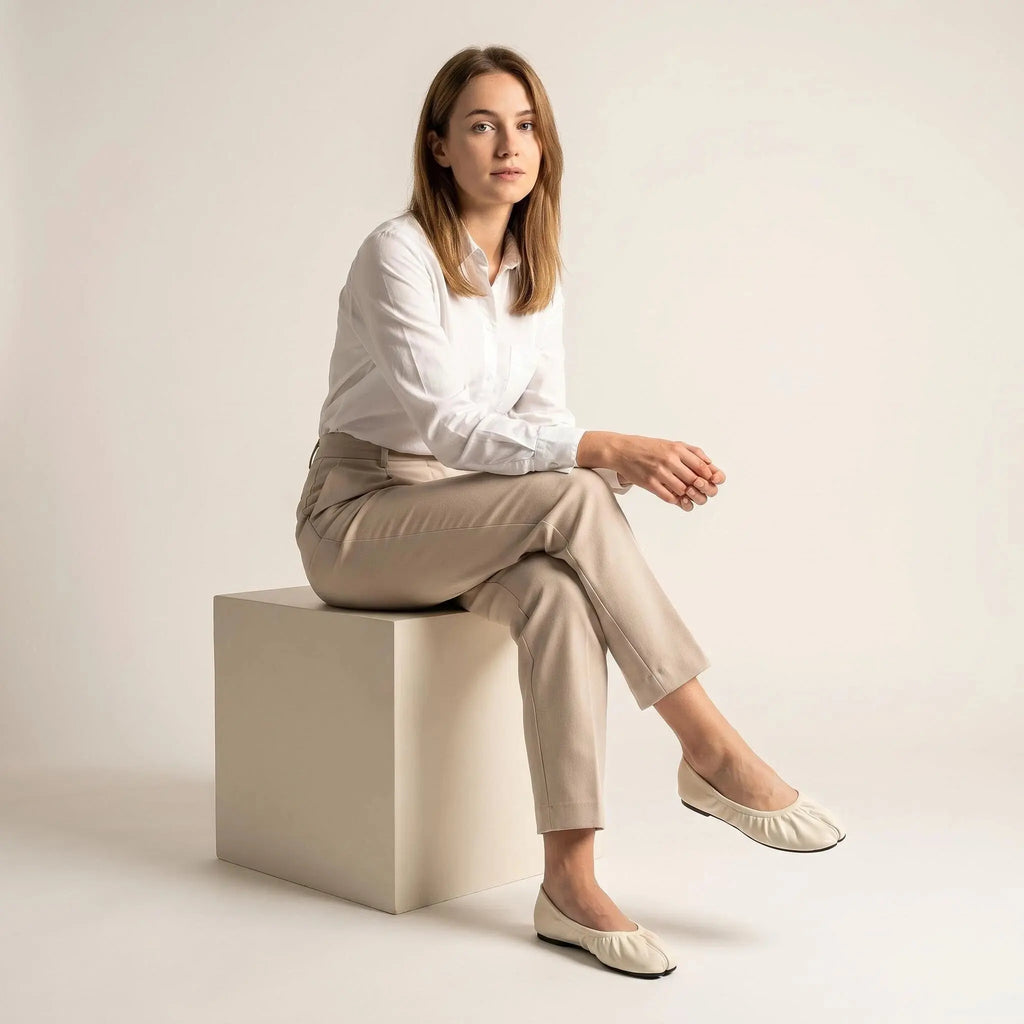 ZQW Ruched Tabi Ballet Flats in beige, model wearing – elegant ruched flats with tabi design, versatile neutral color, comfortable for travel or work