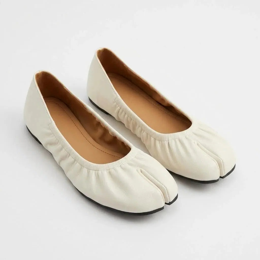 ZQW Ruched Tabi Ballet Flats in beige, pair 45-degree view – matching ruched tabi flats, low heel, perfect for daily casual or office wear