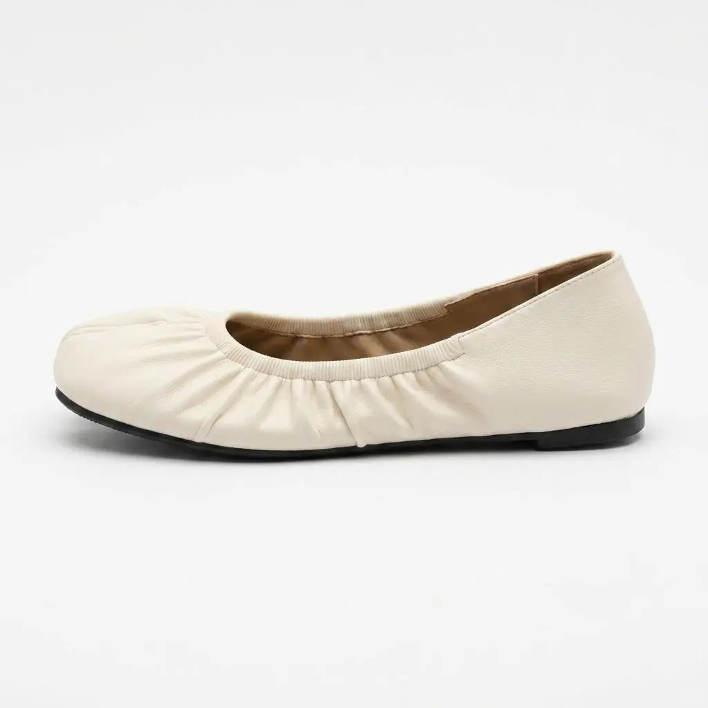 ZQW Ruched Tabi Ballet Flats in beige, side view – low 0.28-inch heel, anti-slip rubber outsole, slip-on style with ruched trim, wide-foot friendly