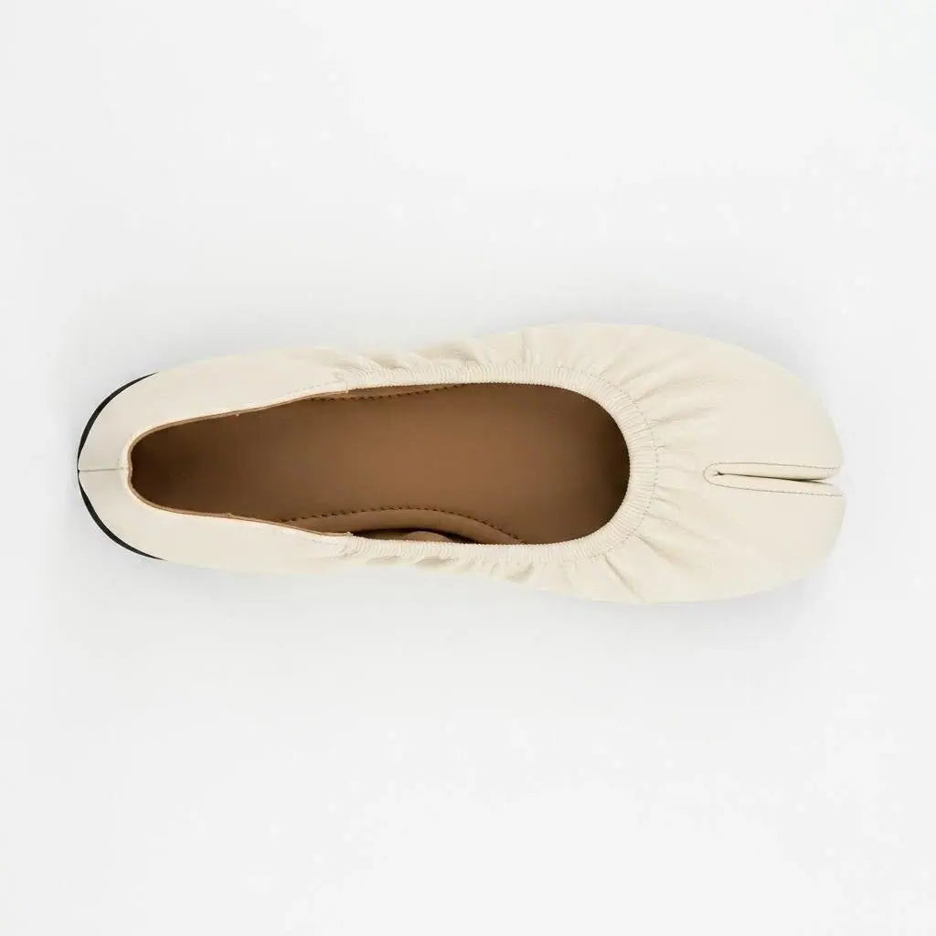 ZQW Ruched Tabi Ballet Flats in beige, top view – gathered ruched detail around toe, round split-toe silhouette, soft vegan leather, cushioned insole