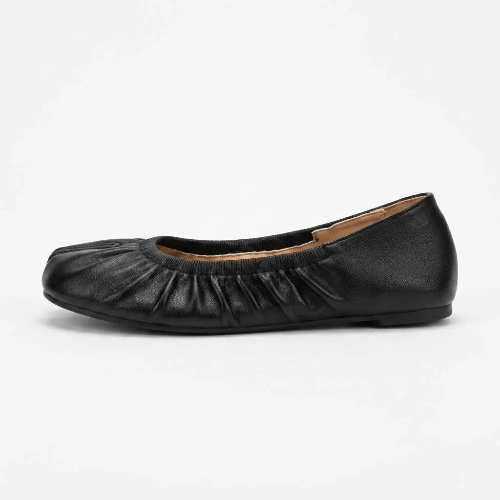 ZQW Ruched Tabi Ballet Flats in black, side view – low 0.28-inch heel, anti-slip rubber outsole, slip-on style with ruched trim, wide-foot friendly