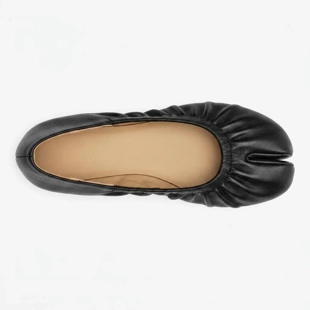 ZQW Ruched Tabi Ballet Flats in black, top view – gathered ruched detail around toe, round split-toe silhouette, soft vegan leather, cushioned insole
