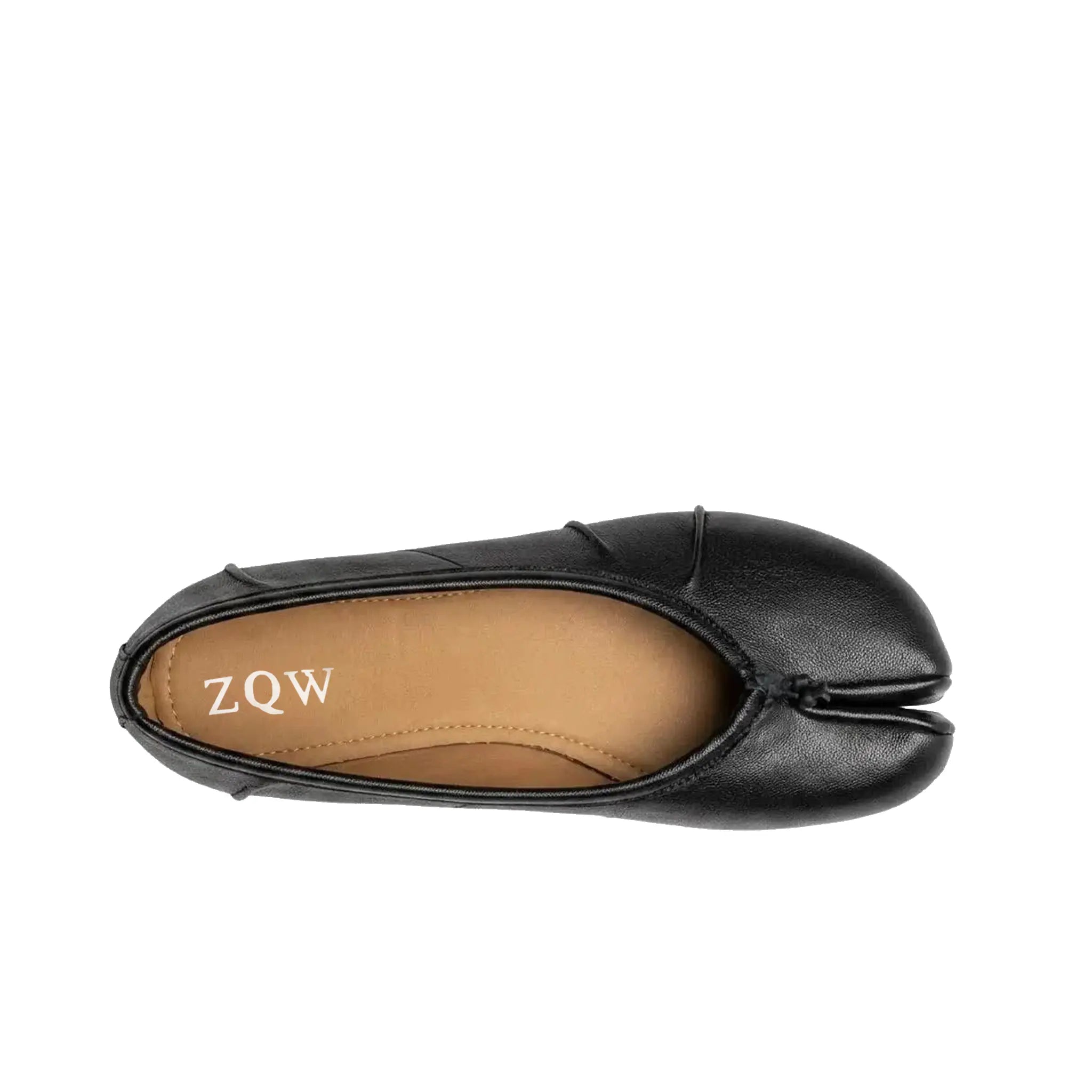 ZQW Ruched Tabi Ballet Flats in black, top view – gathered ruched detail around toe, round split-toe silhouette, soft vegan leather, cushioned insole