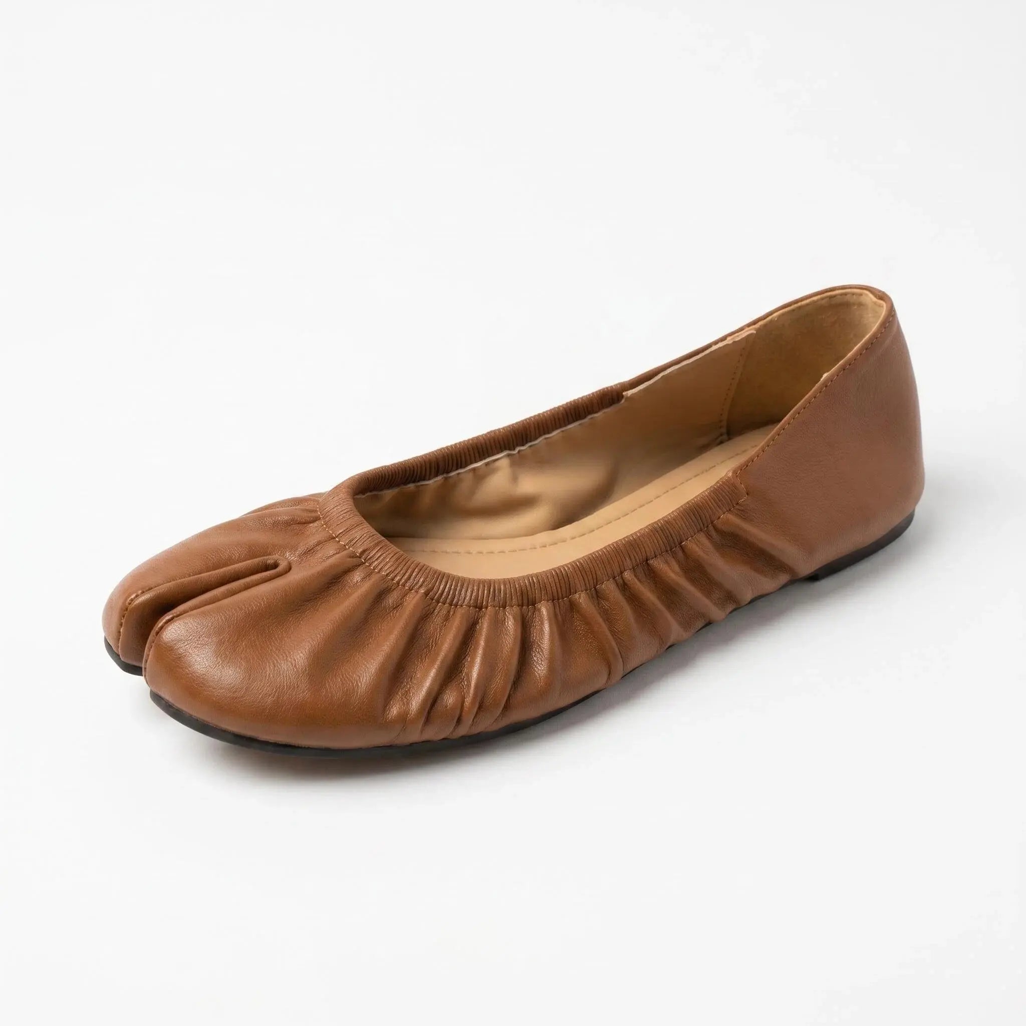 ZQW Ruched Tabi Ballet Flats in bronze, 45-degree angle view – ruched vegan leather upper, split-toe design, low 0.7cm heel, easy slip-on