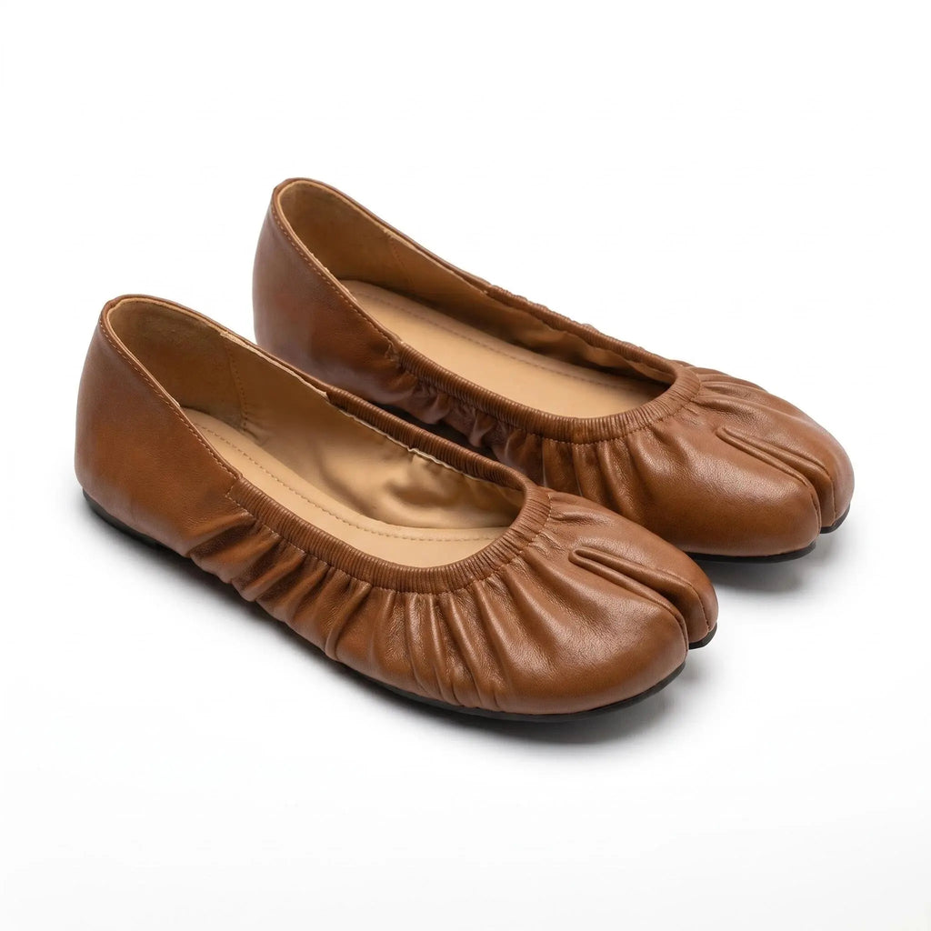ZQW Ruched Tabi Ballet Flats in bronze, pair 45-degree view – matching ruched tabi flats, low heel, perfect for daily casual or office wear
