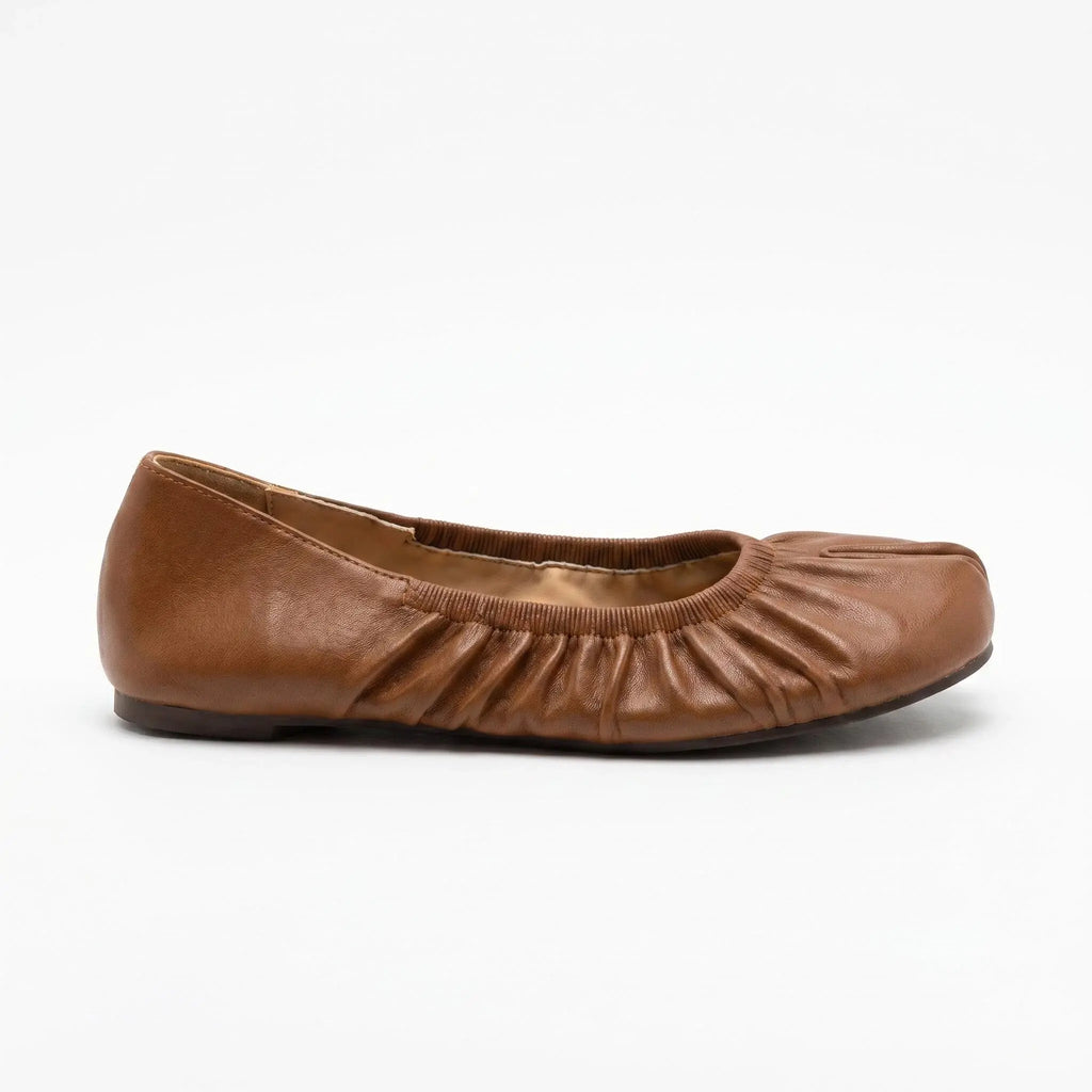 ZQW Ruched Tabi Ballet Flats in bronze, side view – low 0.28-inch heel, anti-slip rubber outsole, slip-on style with ruched trim, wide-foot friendly