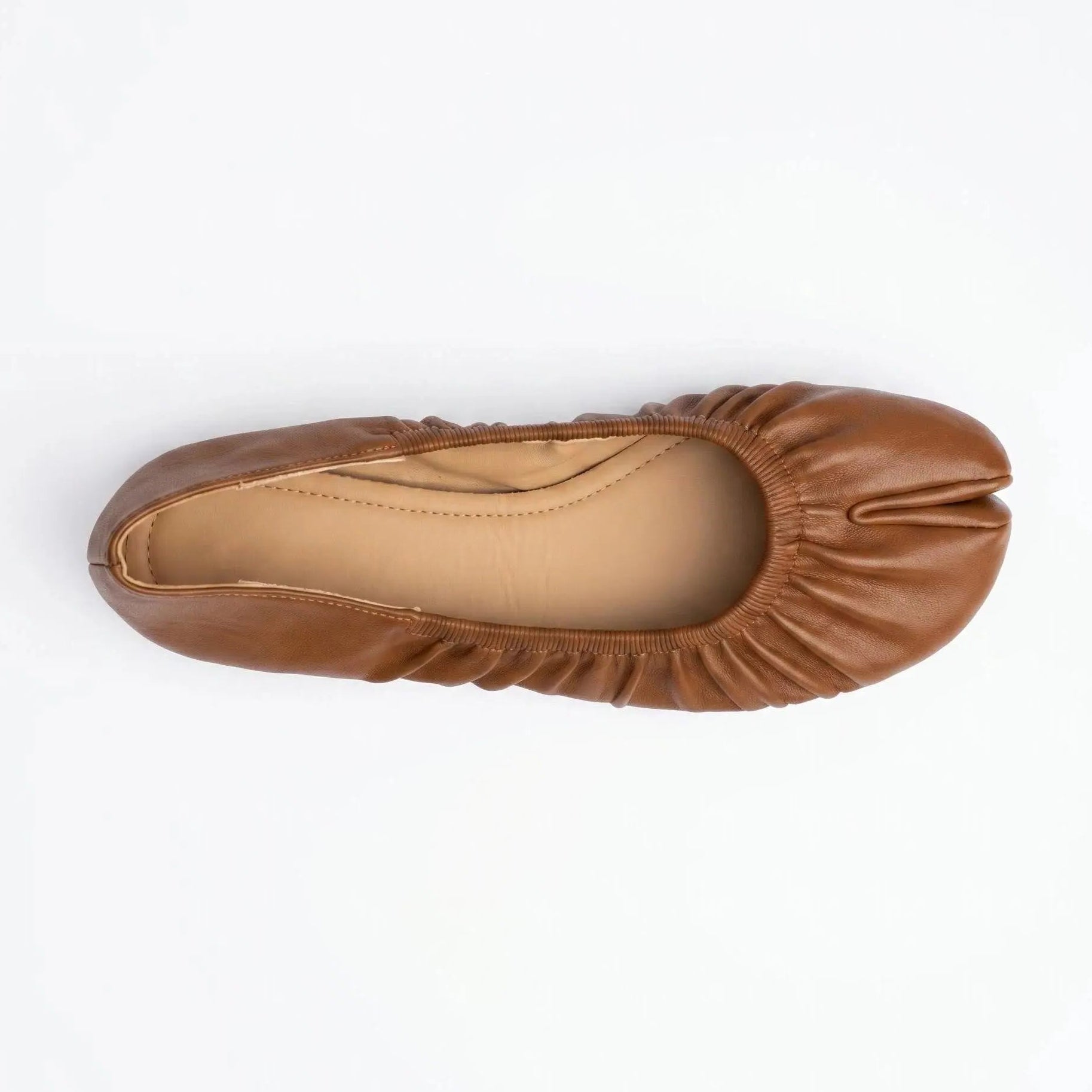 ZQW Ruched Tabi Ballet Flats in bronze, top view – gathered ruched detail around toe, round split-toe silhouette, soft vegan leather, cushioned insole
