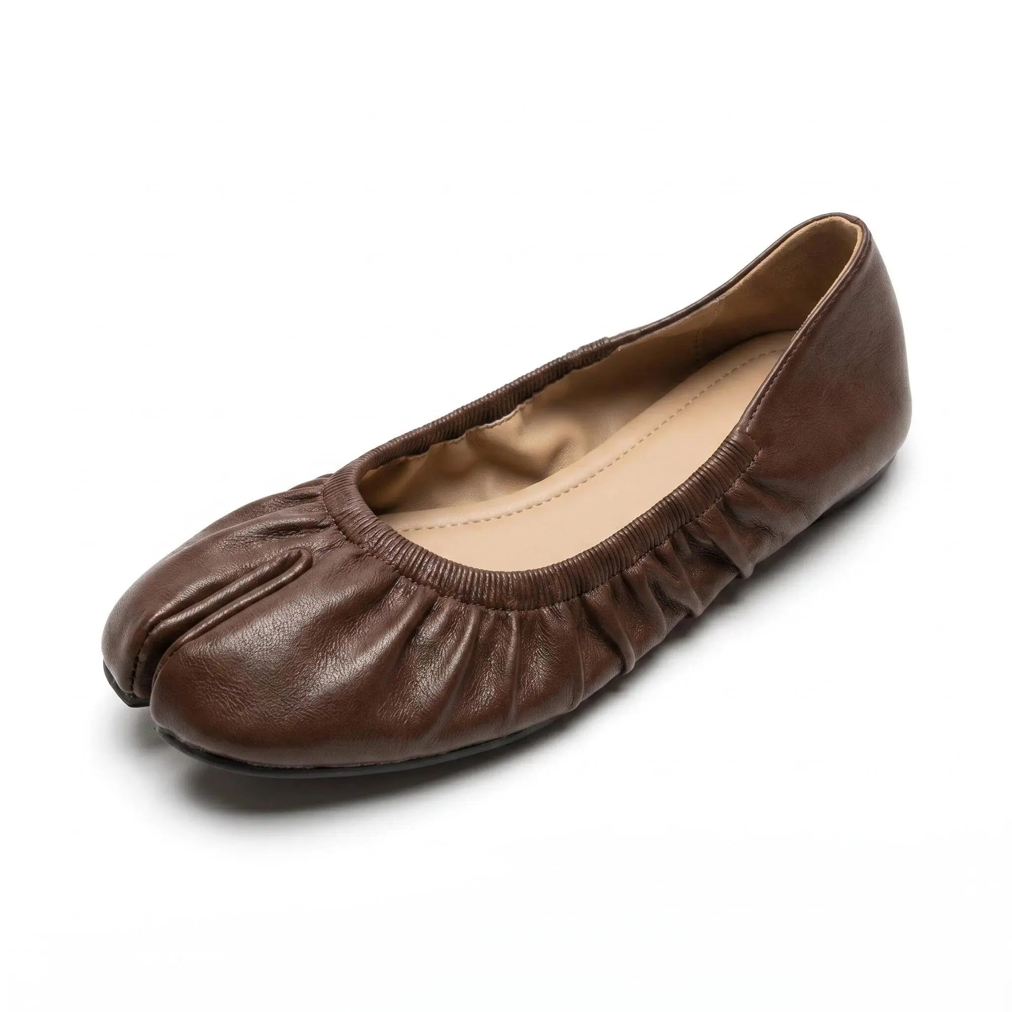 ZQW Ruched Tabi Ballet Flats in brown, 45-degree angle view – ruched vegan leather upper, split-toe design, low 0.7cm heel, easy slip-on