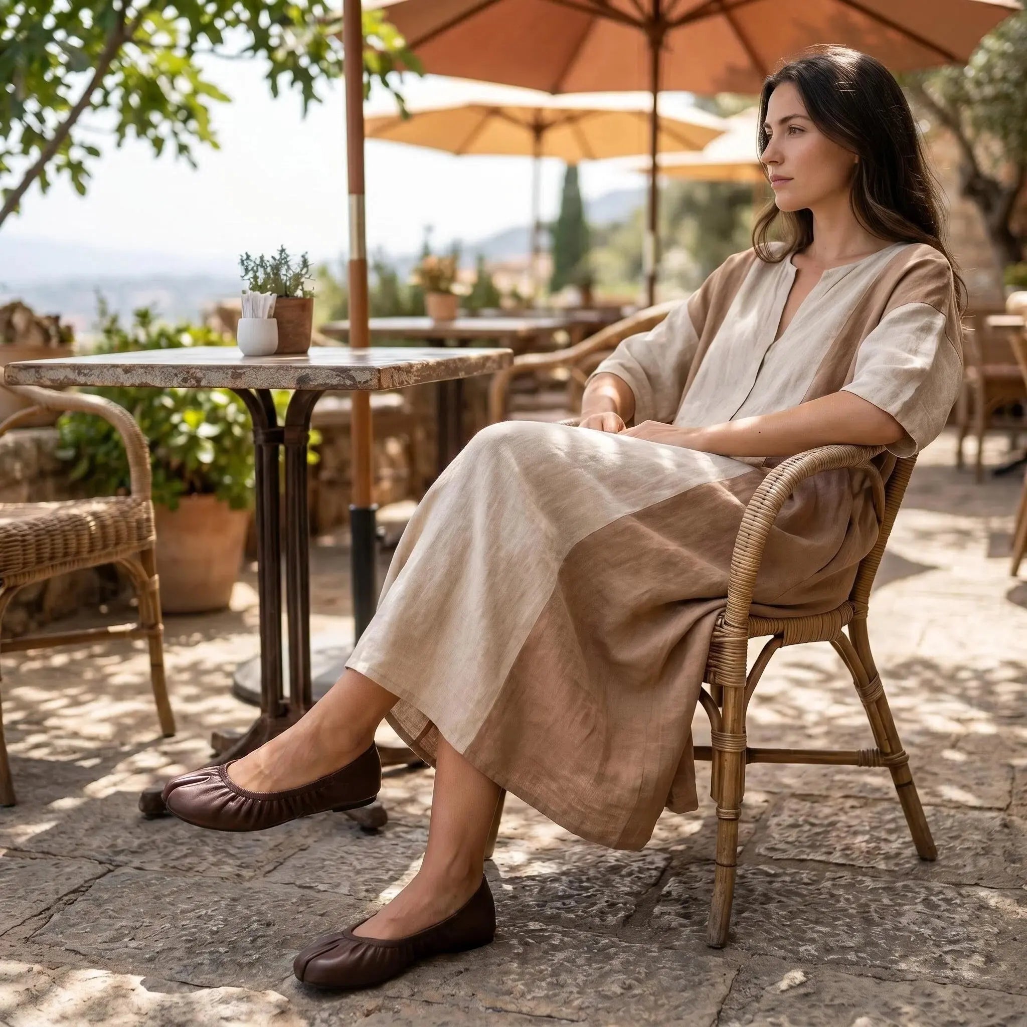 ZQW Ruched Tabi Ballet Flats in brown, model wearing – earthy ruched flats with tabi design, versatile brown color, comfortable for travel or work